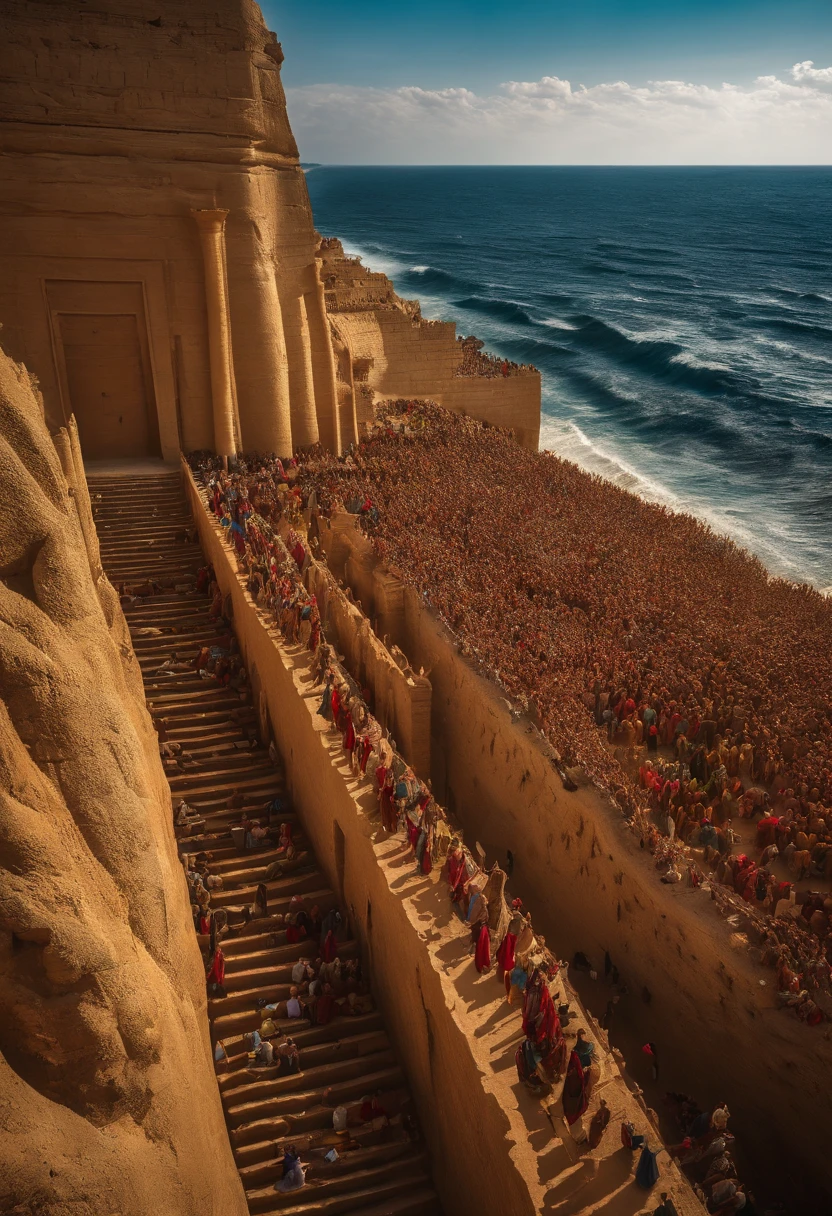 The Exodus of Moses、A large crowd crossing a dry part of the ocean、600,000 people、A large crowd crosses the dry ocean floor、Romper、There is a huge wall of water on both sides and a large crowd passes between the walls