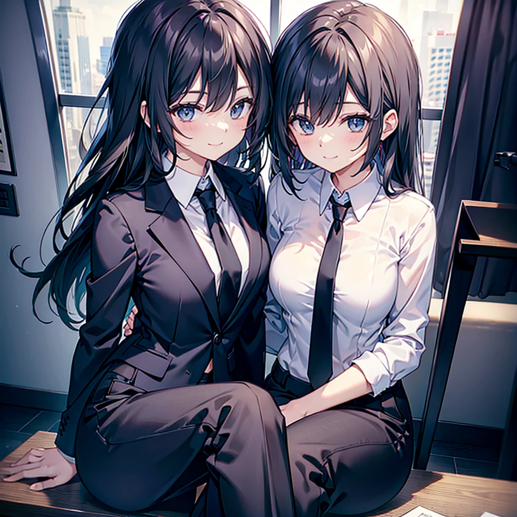 Black Suit neck tie Woman Pants Style a smile