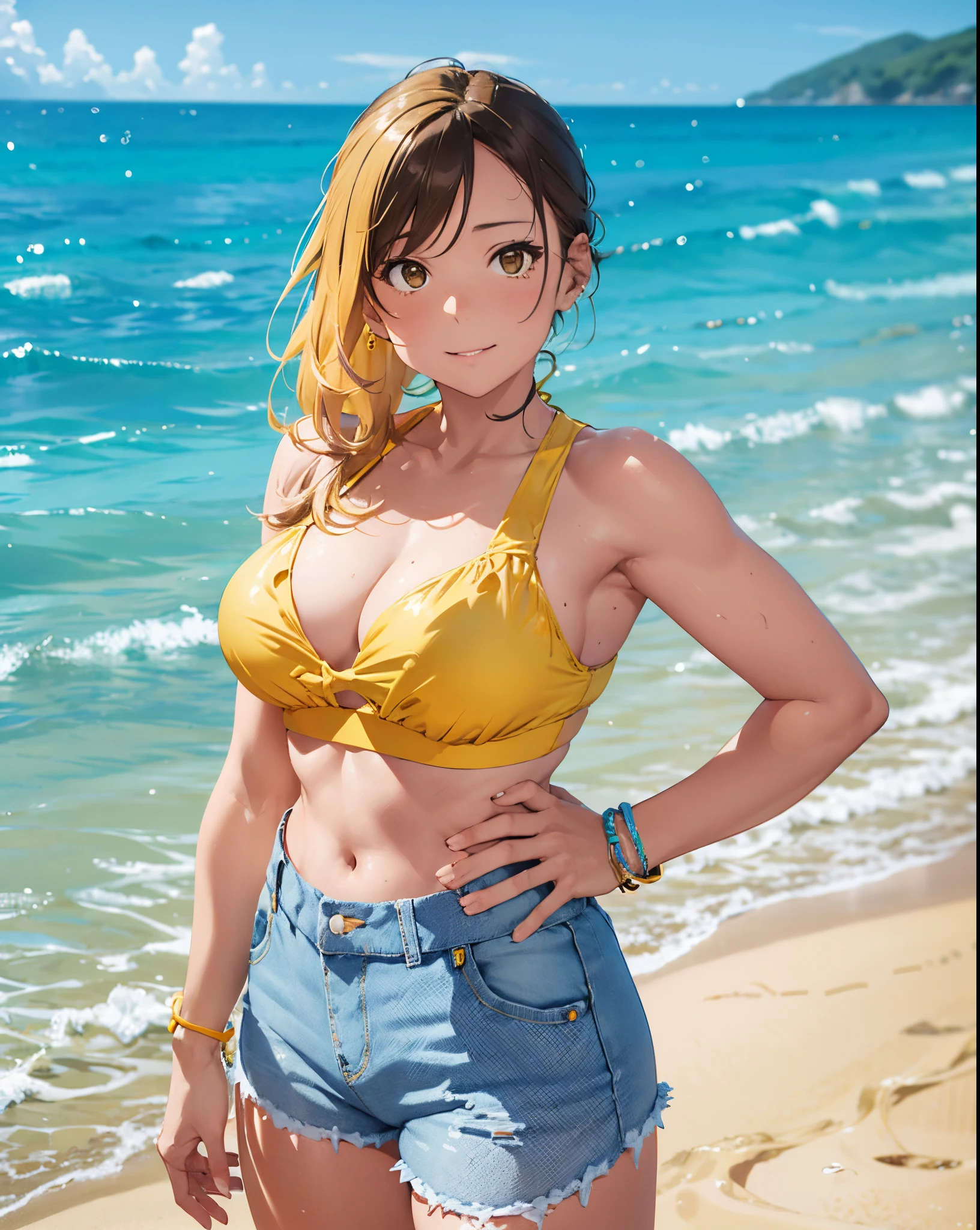 arafed woman in a yellow bikini and denim shorts on the beach, in a yellow bikini, in yellow bikini, wearing two - piece swimsuit, 3 0 years old woman, wearing yellow croptop, 30 years old woman, full figure, posing on a beach with the ocean, vacation photo, skinny waist and thick hips, cory chase, is wearing a swimsuit