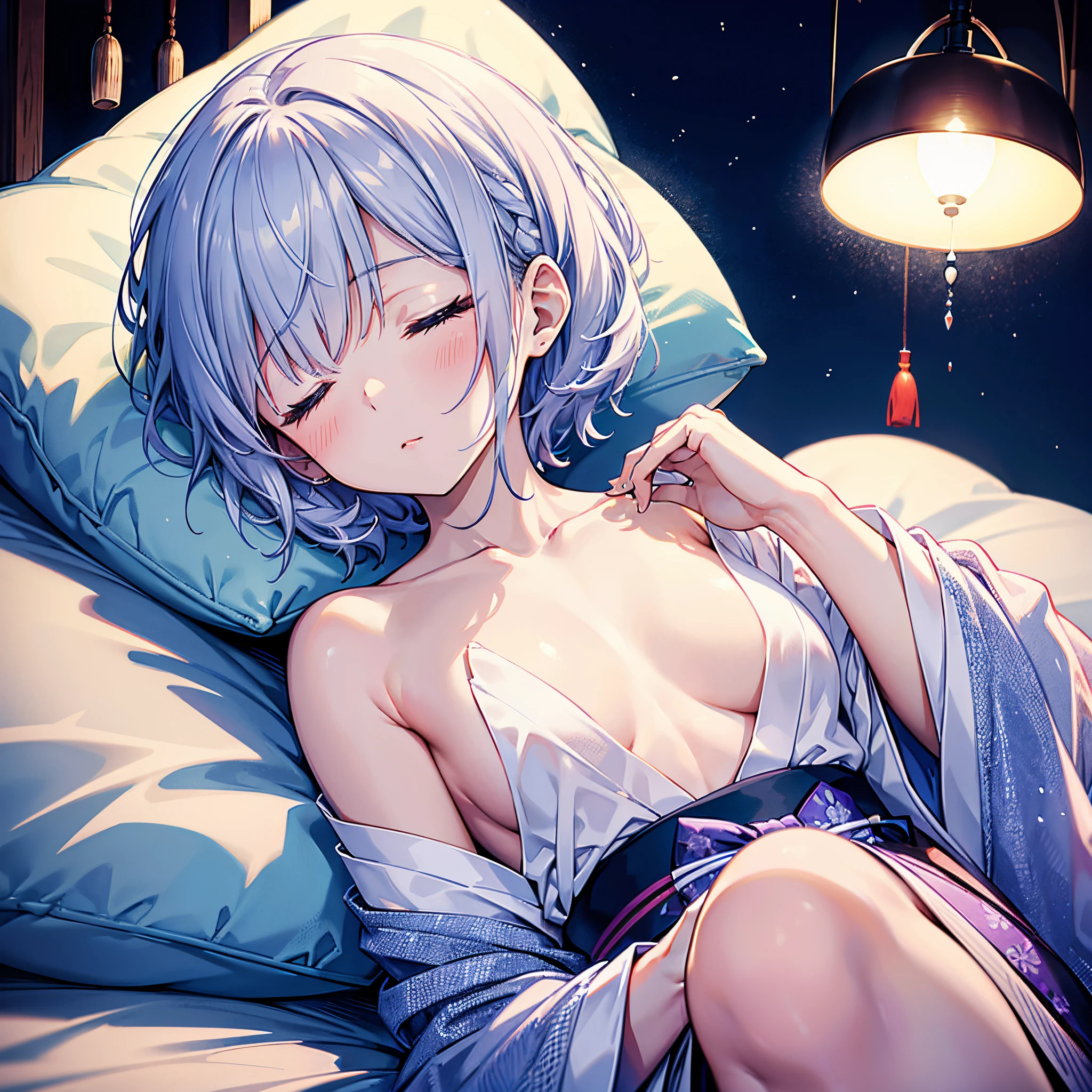 This is a Japanese hot spring inn.、I will take a picture of her sleeping from directly above.、deep in the night、A 27-year-old woman with small breasts is sleeping on her back on a futon.、White medium shorthair with blue-purple mesh、pure white bob hair、Eyes closed、She is sleeping with a white bath towel wrapped around her.、small tits、discreet breasts、A sleeping face that looks comfortable、hiquality、High Details、high-level image quality、4K picture quality、beatiful backgrounds,drawn by Japanese ilastrator