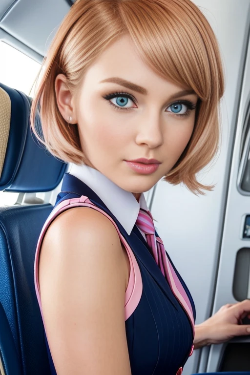 Blonde young sexy girl with short hair and hot clothes sitting on a seat in a spaceship, and from the window you can see beautiful