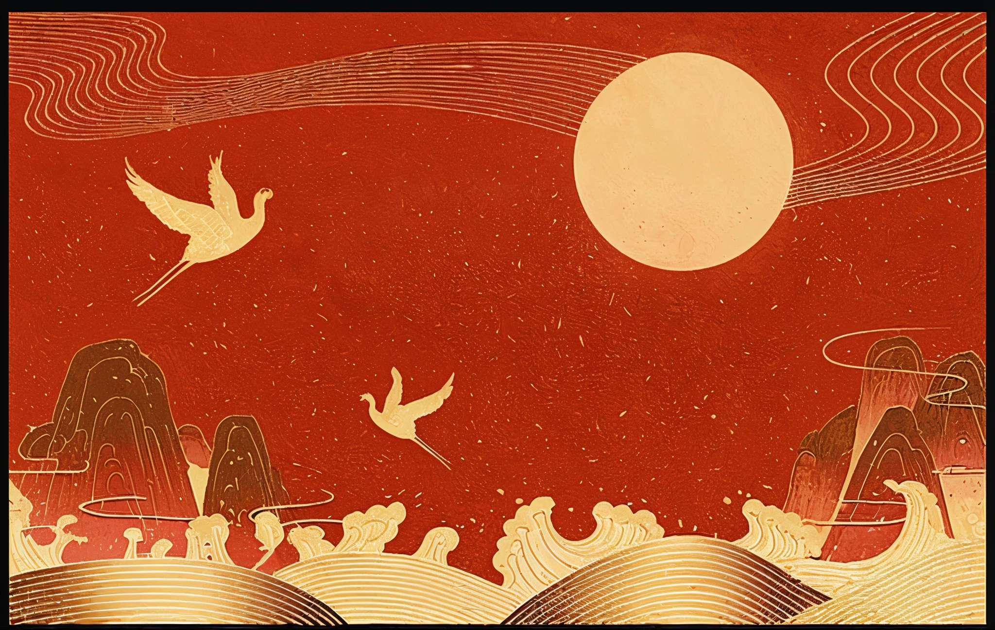 Landscape red golden bird flat style illustration