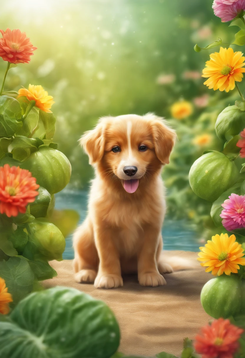 best quality,highres,masterpiece:1.2,ultra-detailed,realistic:1.37,cucumber dog,illustration,greenery,playful,cute,tail wagging,shiny,sparkling eyes,paws,tongue out,wet nose,curly tail,fluffy fur,smiling expression,summer garden,happy atmosphere,vibrant colors,sunshine,soft lighting,joyful,cheerful,positive energy,whimsical,artistic style,colored pencil rendering,surreal,creative twist,colorful background,botanical elements,flower patterns,juicy cucumber texture,daytime,clear sky,refreshing water droplets,cool breeze,organic,energetic.
