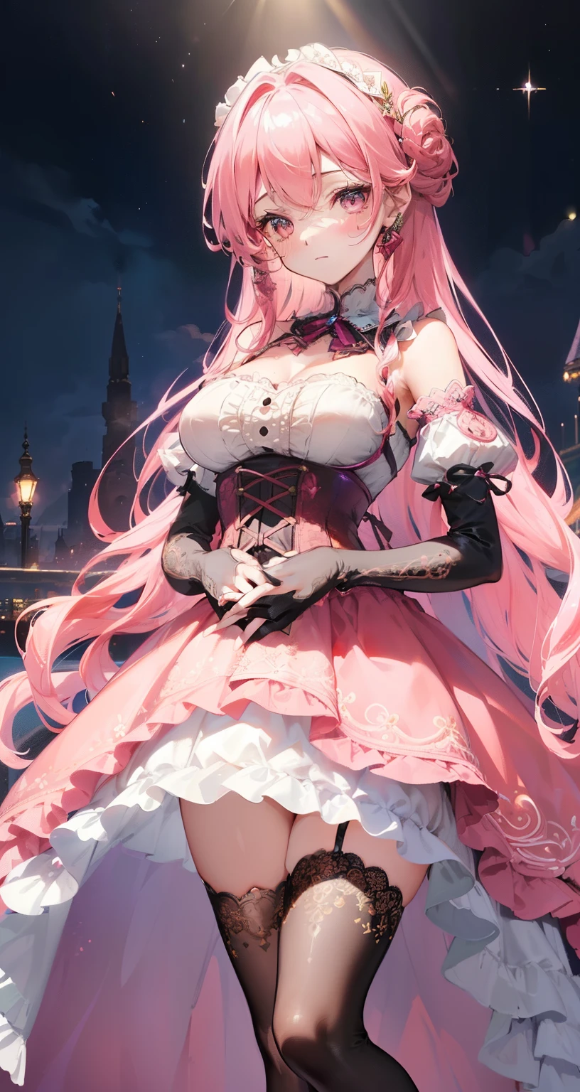 2girls, k pop idol face:1.2, standing side by side, seductive smile, fullbody, hug,:),( medium breasts:1.3),(various color long wavy hair, elaborately lace high detailed designed pink frilled long medival dress, high detailed corset:1.3) ,(pink color off-shoulder dress,high detailed clothes:1.3), (u200eVIP lounge:1.2), (frills,beautiful embroidery :1.4), (elaborate lace- high detailed thighhighs,elbow gloves:1.2),french_braid , hair_ornament, shiny_clothes, (night:1.3), ,(perfect lighting,side lighting,light leak,shiny skin,:1.2), (best quality), (masterpiece), detailed, ),an extremely delicate and beautiful,, full body, nsfw:1.3 s