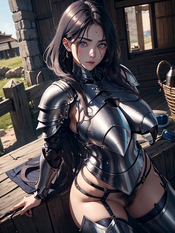 distinct image,high-detail, in fighting, Female Knight in Armor, Long face,,Indigo eyes,natural volumetric lighting, Artistic background, exposed pubic hair、big areolae、Well-groomed pubic hair、Armor is damaged、The scratches are noticeable.、broken armor、borgar、cum on、perspiring