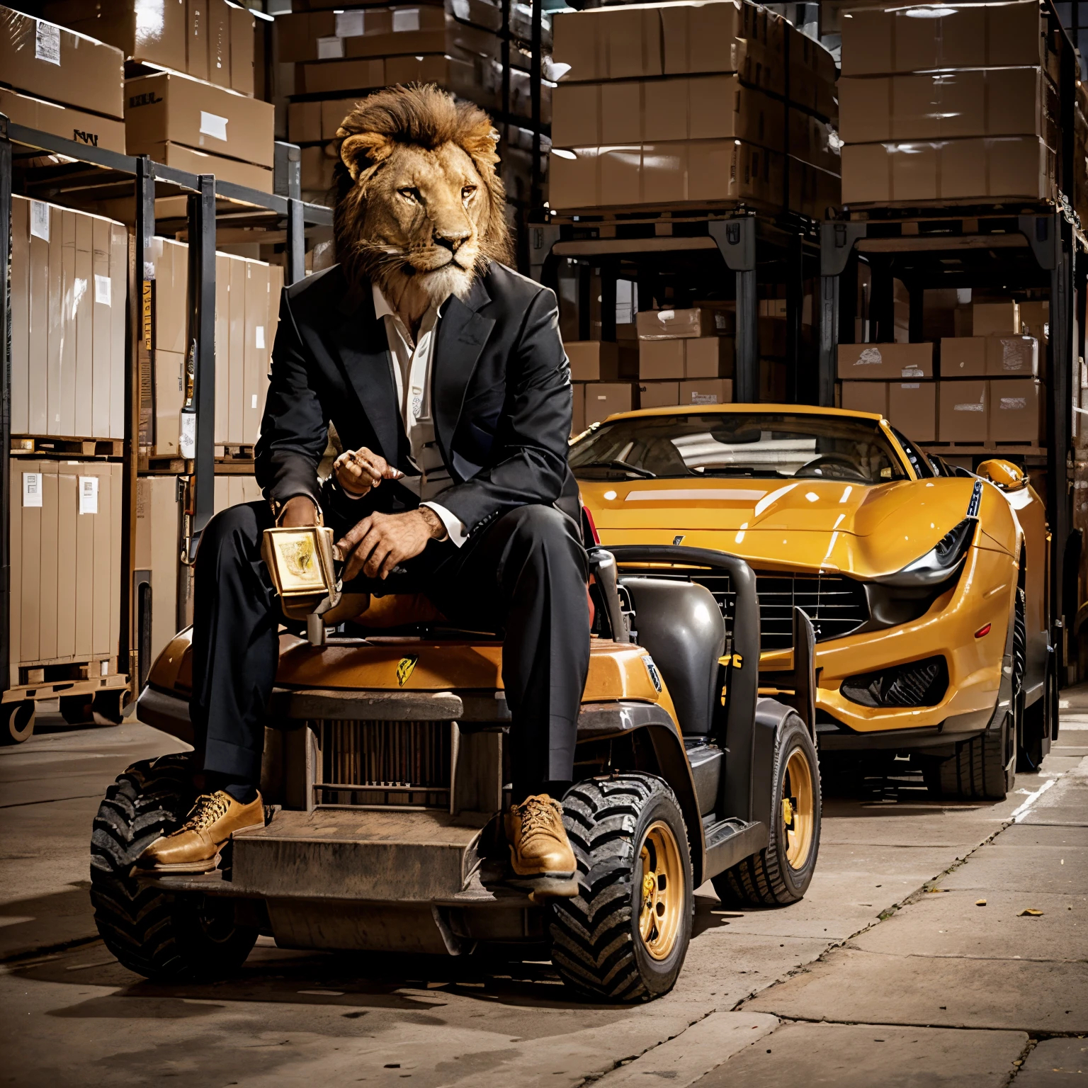 (Rich lion in suit), ( Lion with a forklift of money), (Lion leaning against a Ferrari)