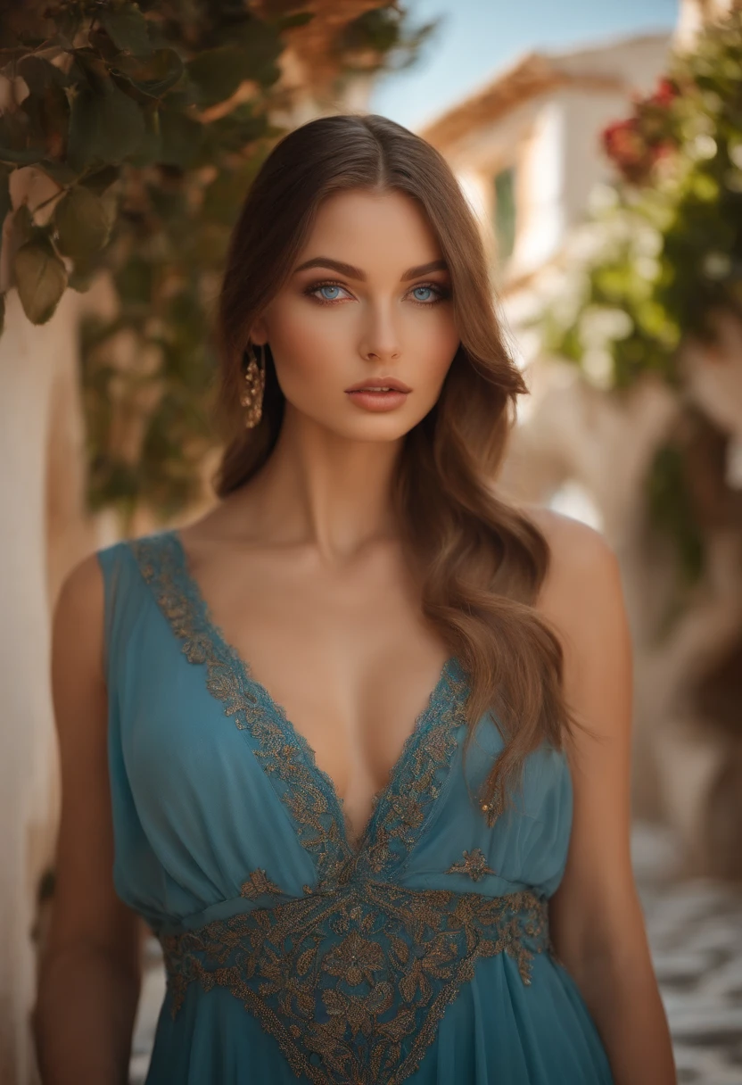 A poised and alluring woman with captivating blue eyes, resembling the ultra-realistic Sophie Mudd. She wears natural makeup, exudes a sexy charm in a short dress, and poses in Greece setting with a prominent bust.