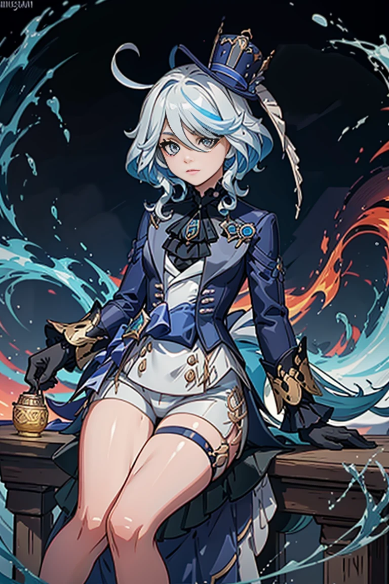 Personaje furina de genshin impact, cuerpo completo y que se vea los pies.