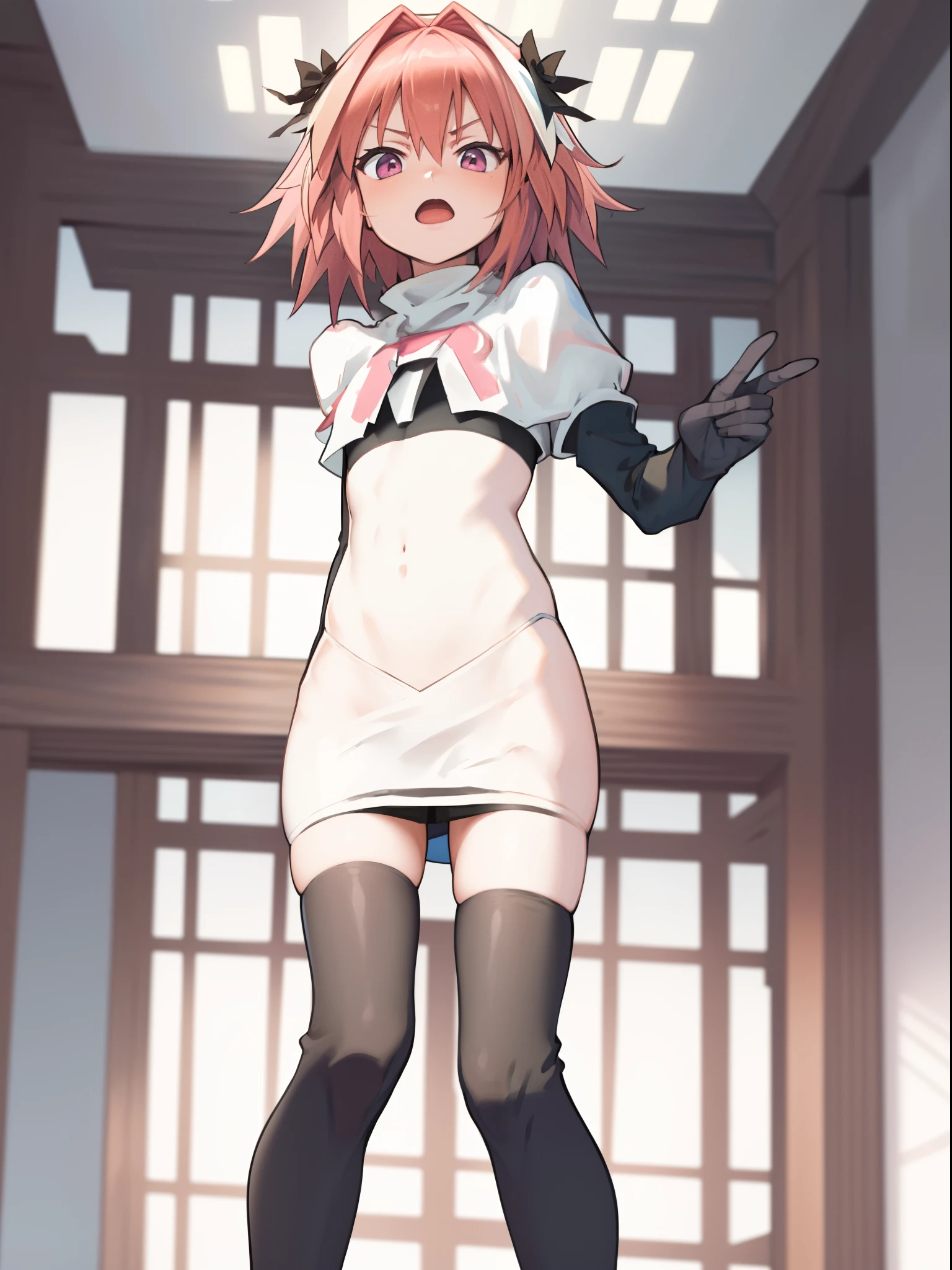 absurdres, masterpiece, best quality, (astolfo fate:1.2155), 1boy, male focus, trap, pink multicolored hair, pink hair, white hair, hair intakes, long hair, pink detailed eyes, crossdressing,1boy,team rocket,team rocket uniform,white skirt,crop top,black thigh-highs,black elbow gloves,