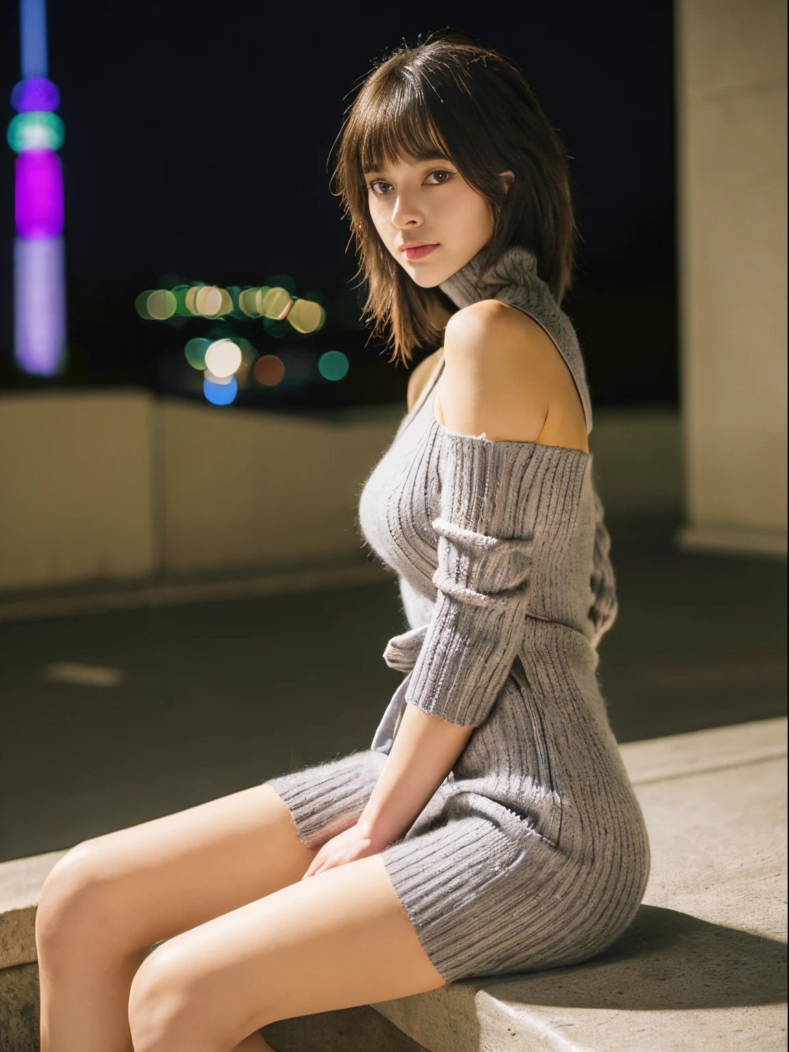 (top-quality、8K、masterpiece:1.2), (Japan beautiful girl、cute little:1.6)、(18year old、Amazing beauty、the golden ratio:1.5)、 (Very fine eye definition, Symmetrical eyes:1.3), (Brown eyes, Parted bangs, Shining brown long hair:1.2)、(Stunning proportions、Perfect body without contradiction、Perfect limbs without contradiction:1.7)、(shinny skin、natural make up:1.2)、(Beautiful large breast:1.6)、(Constricted waist、abdominals:1.5)、(Gray knitwear、Short Apron Dress、turtle neck、The chest and back are boldly open..:1.7)、(high-heels:1.5)、(Stick out your hips、Exposed chest、Exposed back、sexypose:1.6)、(Looking at the camera:1.3)、outside of house、(Downtown alleys at night when no one is around:1.2)、the wind、optic、blurry backround