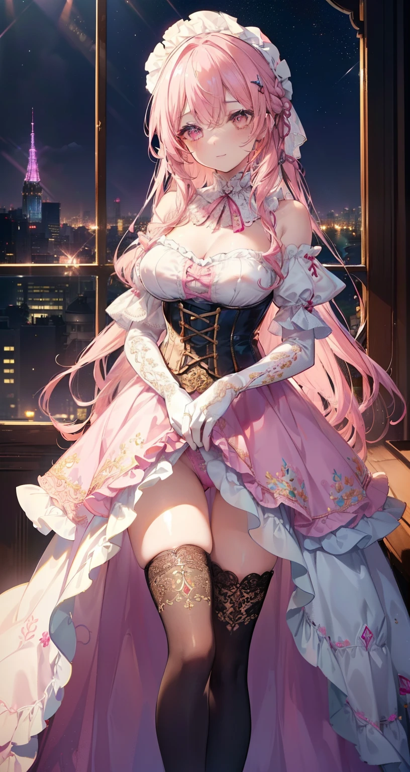 2girls, k pop idol face:1.2, standing side by side, seductive smile, fullbody, hug,:),( medium breasts:1.3),(various color long wavy hair, elaborately lace high detailed designed pink frilled long medival dress, high detailed corset:1.3) ,(pink color off-shoulder dress,high detailed clothes:1.3), (u200eVIP lounge:1.2), (frills,beautiful embroidery :1.4), (elaborate lace- high detailed thighhighs,elbow gloves:1.2),french_braid , hair_ornament, shiny_clothes, (night:1.3), ,(perfect lighting,side lighting,light leak,shiny skin,:1.2), (best quality), (masterpiece), detailed, ),an extremely delicate and beautiful,, full body, nsfw:1.3 s