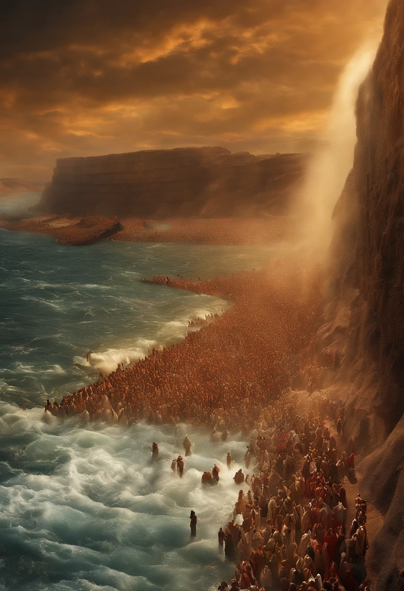 The Exodus of Moses、A large crowd crossing a dry part of the ocean、600,000 people、A large crowd crosses the dry ocean floor、Romper、There are huge walls of water on both sides.、A large crowd passes between walls of water