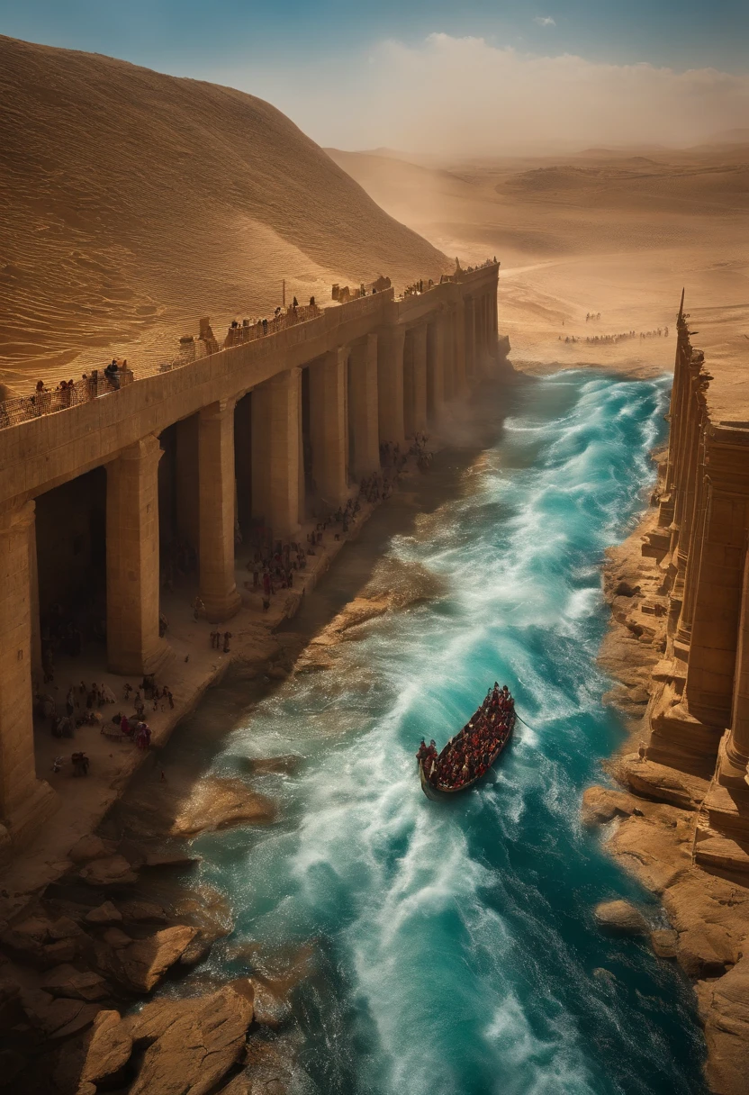 The Exodus of Moses、A large crowd crossing a dry part of the ocean、600,000 people、A large crowd crosses the dry ocean floor、Romper、There are huge walls of water on both sides.、A large crowd passes between walls of water