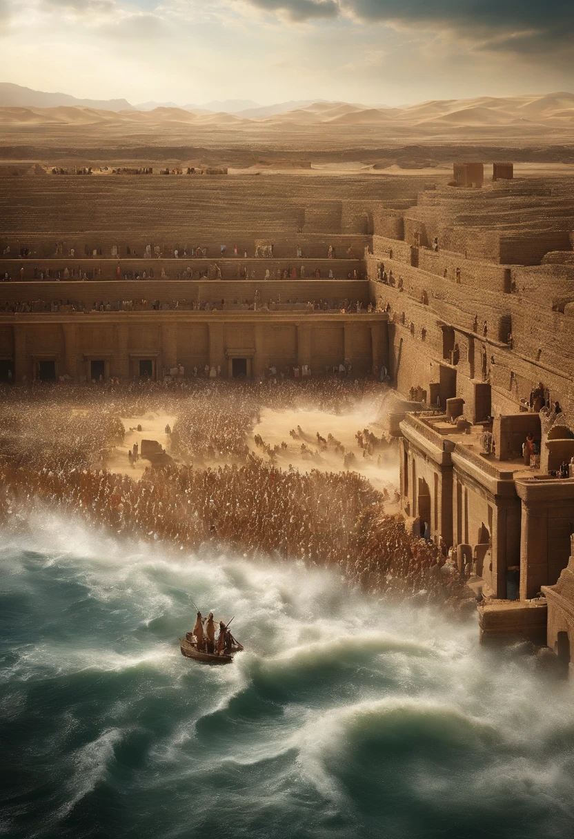 The Exodus of Moses、A large crowd crossing a dry part of the ocean、600,000 people、A large crowd crosses the dry ocean floor、Romper、There are huge walls of water on both sides.、A large crowd passes between walls of water