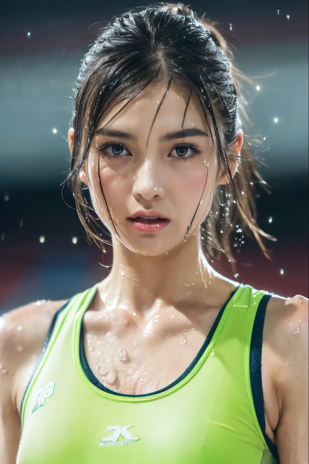 1 woman, 8k, RAW photo, (top quality, masterpiece, intricate detail: 1.4), (realistic, photorealistic: 1.3), (realistic: 1.3), photorealistic, Japan female track and fielder, (rainy weather)), ((woman standing on the track in the stadium: 1.8)), (beauty like an actress in Japan), (heavy rain), (((thin track and field team tank top)) , (light-colored athletics team tank top), (rain-soaked and see-through athletics team tank top), rain-soaked athletics team tank top, wet colored bloomer, (wet hair), (wet bangs), wet skin, (see-through nipple protrusions), (detailed nipple), 30 years old, (small face: 1.5), (tense expression), light makeup, thin eyebrows, detailed and beautiful face, detailed eyes, (tear bags: 1.5), detailed fingers, detailed legs, detailed skin, medium breasts, shiny hair, shiny skin, wet and dripping hair, wet and dripping skin, wet and dripping tank top, (no bra), (no underwear)