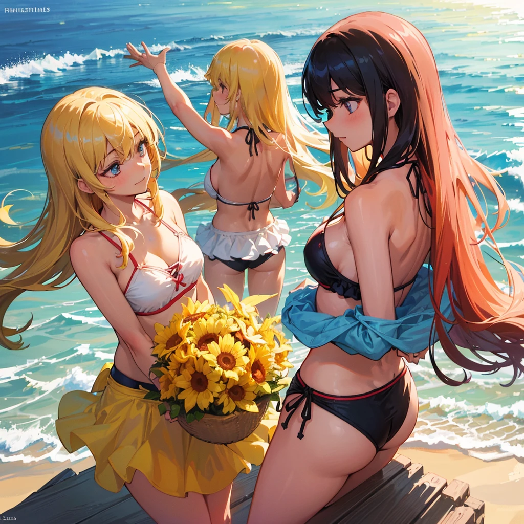 (Bikini,Badeanzug,Badebekleidung,Beachwear:1.2),(Kizi,3 girls),(Spielen,having fun,freudig),(sweet,niedlich,bezaubernd) Sorrisos,(von hinten,Back view),(Strand,Garten,Pool),(Sonnenschein,sonnig),(weicher Sandstrand,Kristallklares Wasser),(Sommer,Ferien,Feiertag),(Lebendige Farben, color intensity:1.1),(bokeh,verschwommener Hintergrund),(beautiful detailed eyes,Beautiful, detaillierte Lippen),(Lange Haare,flowy hair),(tan skin),(jugendliches Aussehen),(entspannend),(best quality,hight resolution:1.2),(Realistisches Rendering,fotorealistisch),(Beach accessories,Sonnencreme,Handtuch),(Carefree atmosphere)