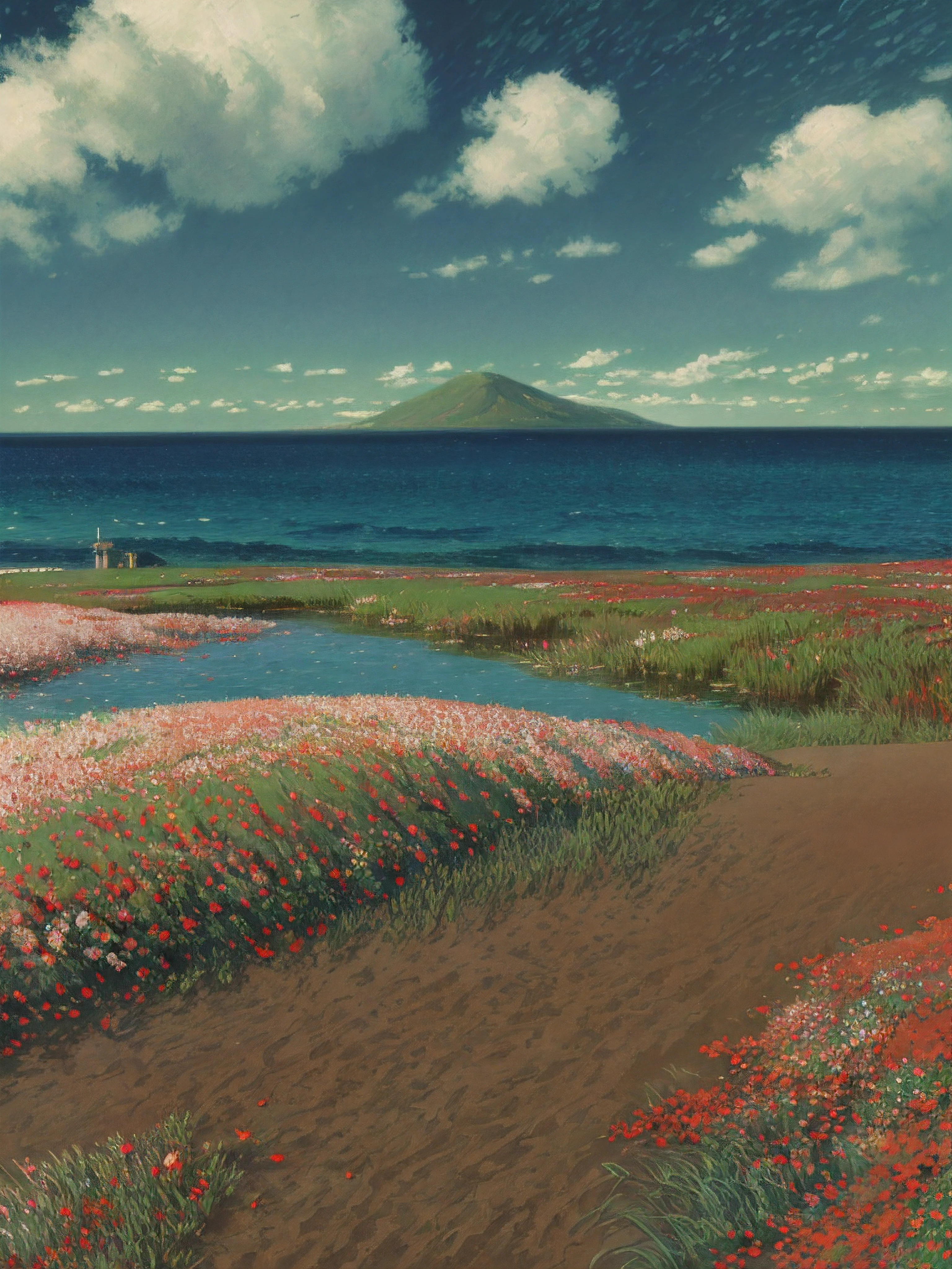seaside, wave, rose, blomming rose, rose by the sea, beach, clear sky, Beautiful clouds,beautiful view, Red petals, dewdrops on the petals, Monet, Impressionism, Pointillism, bloom, anaglyph, chiaroscuro, UHD, retina, masterpiece, high quality, highres, best quality, super detail