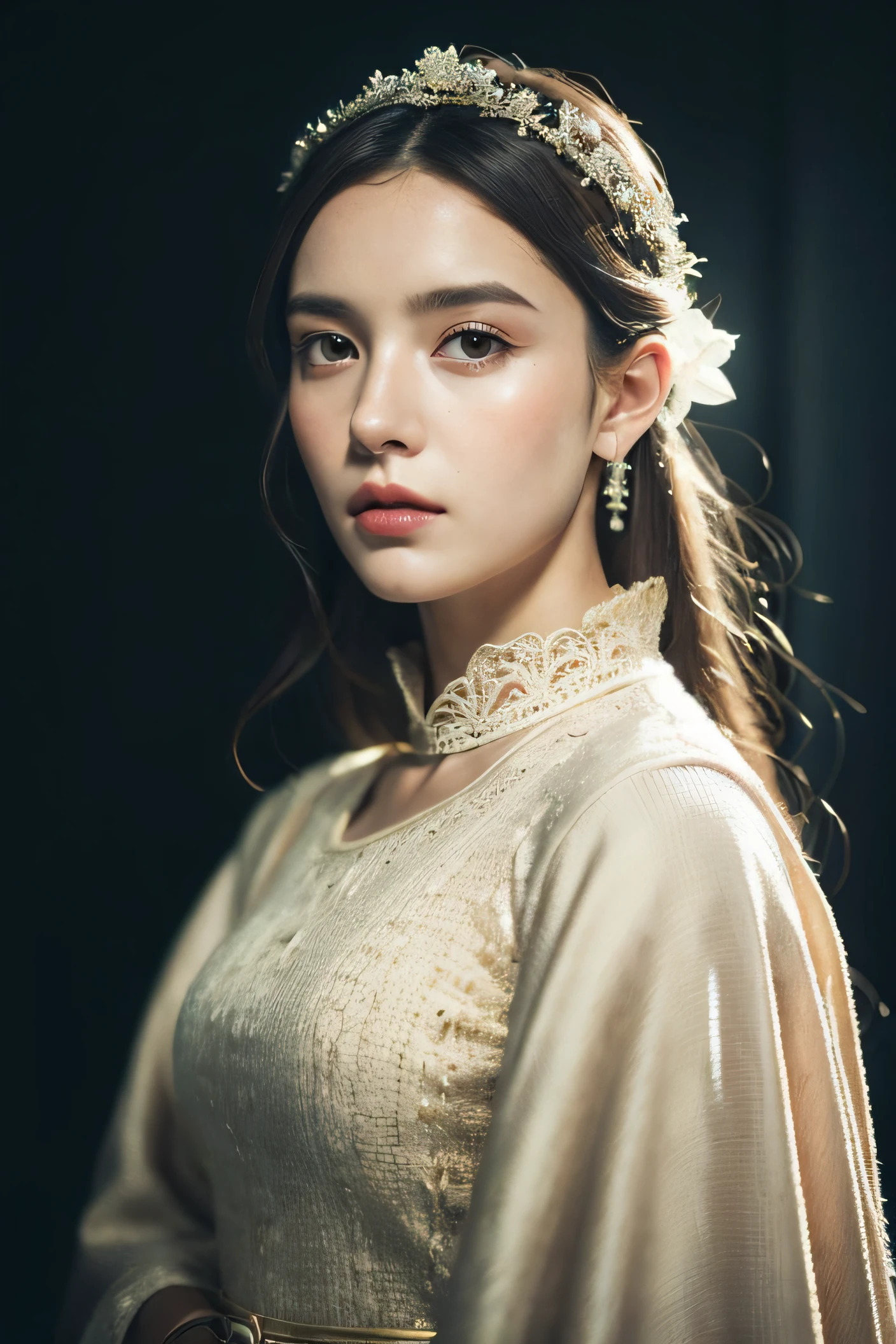 Cinematic portrait, ((upper body)), facing the audience, (Reality :1.3), the world's most beautiful artwork photo, a woman looking into the camera, European medieval court dress, gorgeous, soft gauze, detailed beautiful face, action shooting, (intricate :1.4), medieval court background, Photo realistic, CG, art station