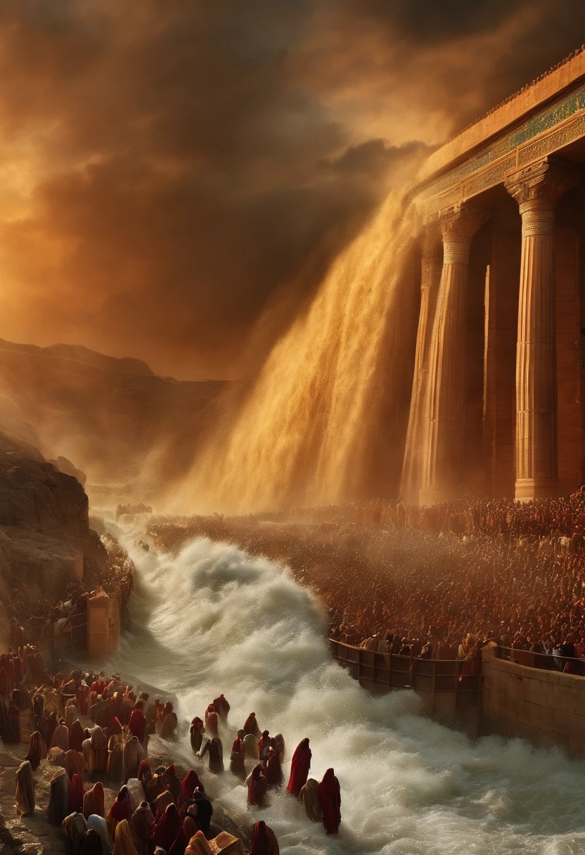 The Exodus of Moses、600,000 people and huge walls of water on both sides.、A large crowd passes between walls of water