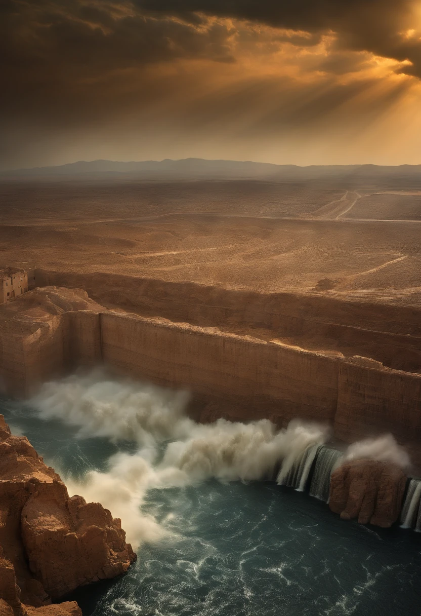 The Exodus of Moses、600,000 people and huge walls of water on both sides.、A large crowd passes between walls of water