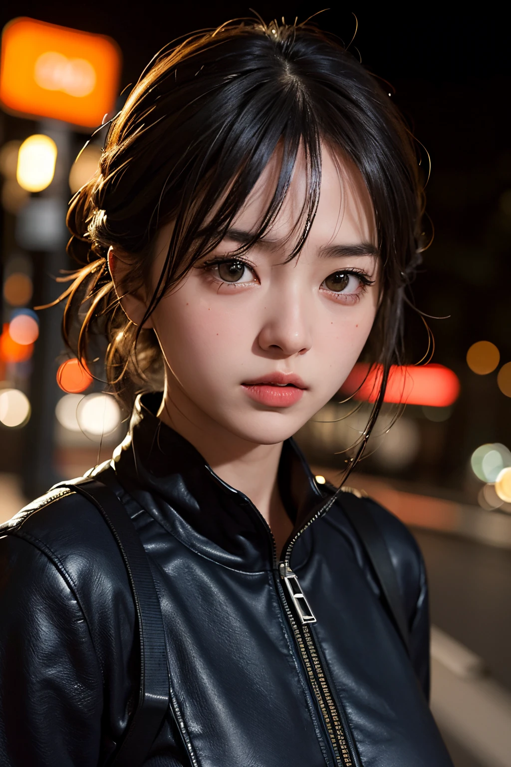 1girl, Tokyo street,night, cityscape,city lights, upper body,close-up, 8k, RAW photo, best quality, masterpiece,realistic, photo-realistic,
