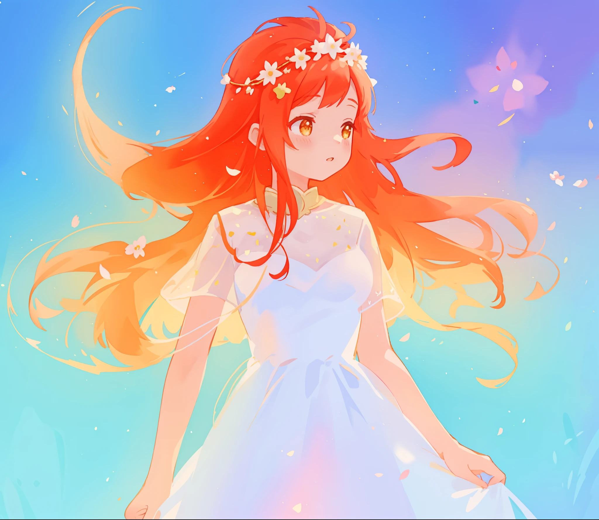 beautiful girl in sparkling white dress, glowing ballgown, long red gold hair, colorful fantasia background, delicate crown of white flowers on her head, watercolor illustration, glowing lights, beautiful digital illustration, fantasia otherworldly landscape plants flowers, beautiful, masterpiece, best quality