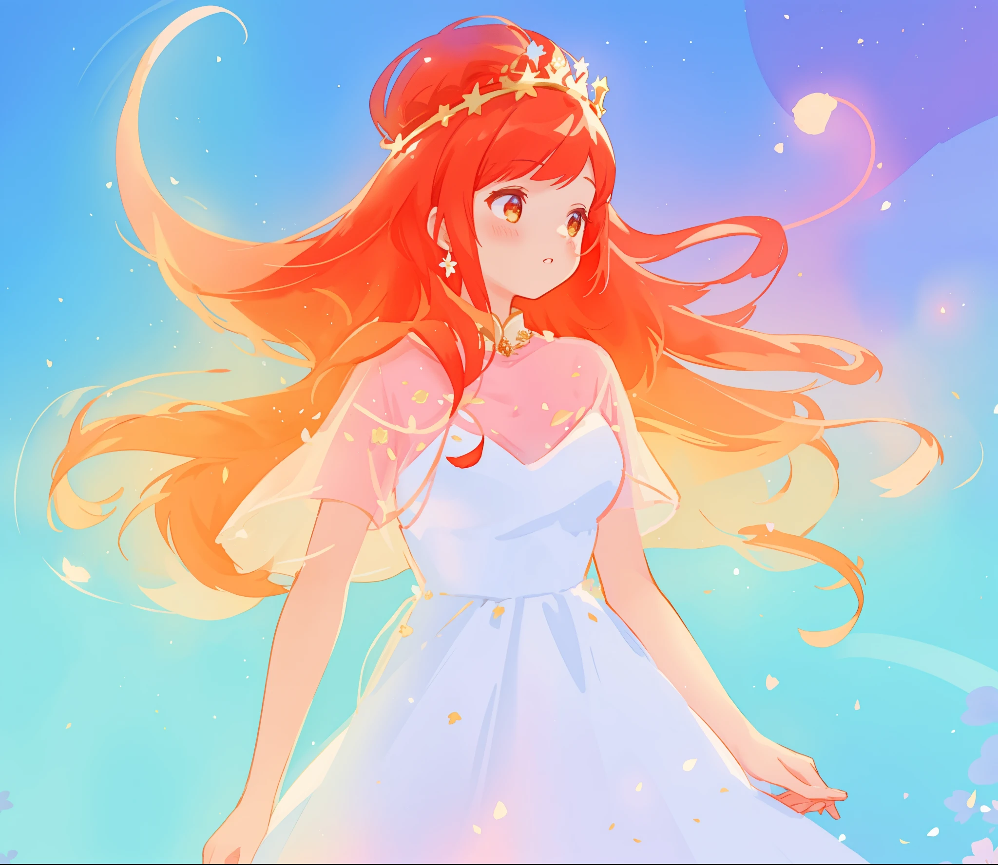 beautiful girl in sparkling white dress, glowing ballgown, long red gold hair, colorful fantasia background, delicate crown of white flowers on her head, watercolor illustration, glowing lights, beautiful digital illustration, fantasia otherworldly landscape plants flowers, beautiful, masterpiece, best quality