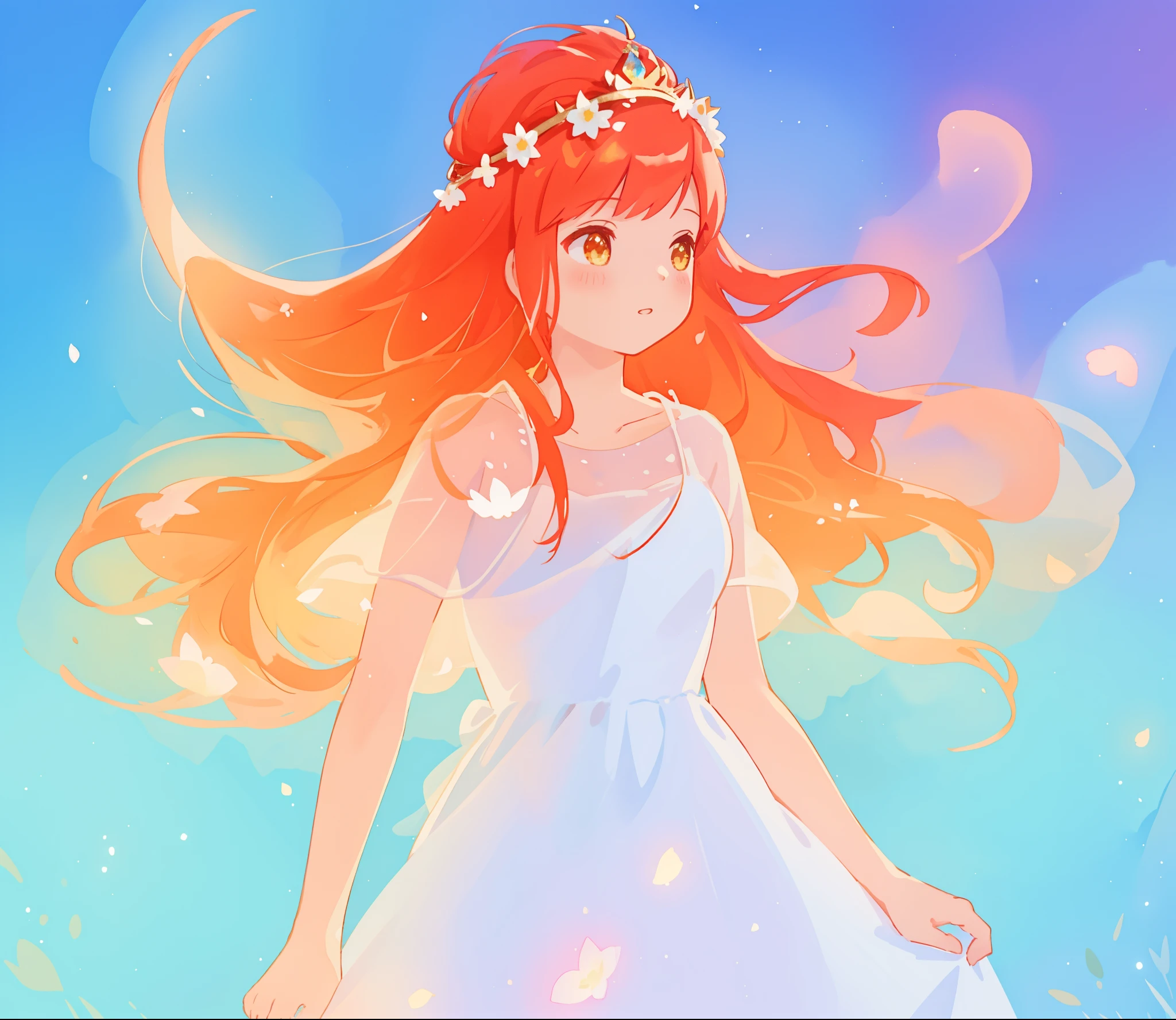 beautiful girl in sparkling white dress, glowing ballgown, long red gold hair, colorful fantasia background, delicate crown of white flowers on her head, watercolor illustration, glowing lights, beautiful digital illustration, fantasia otherworldly landscape plants flowers, beautiful, masterpiece, best quality