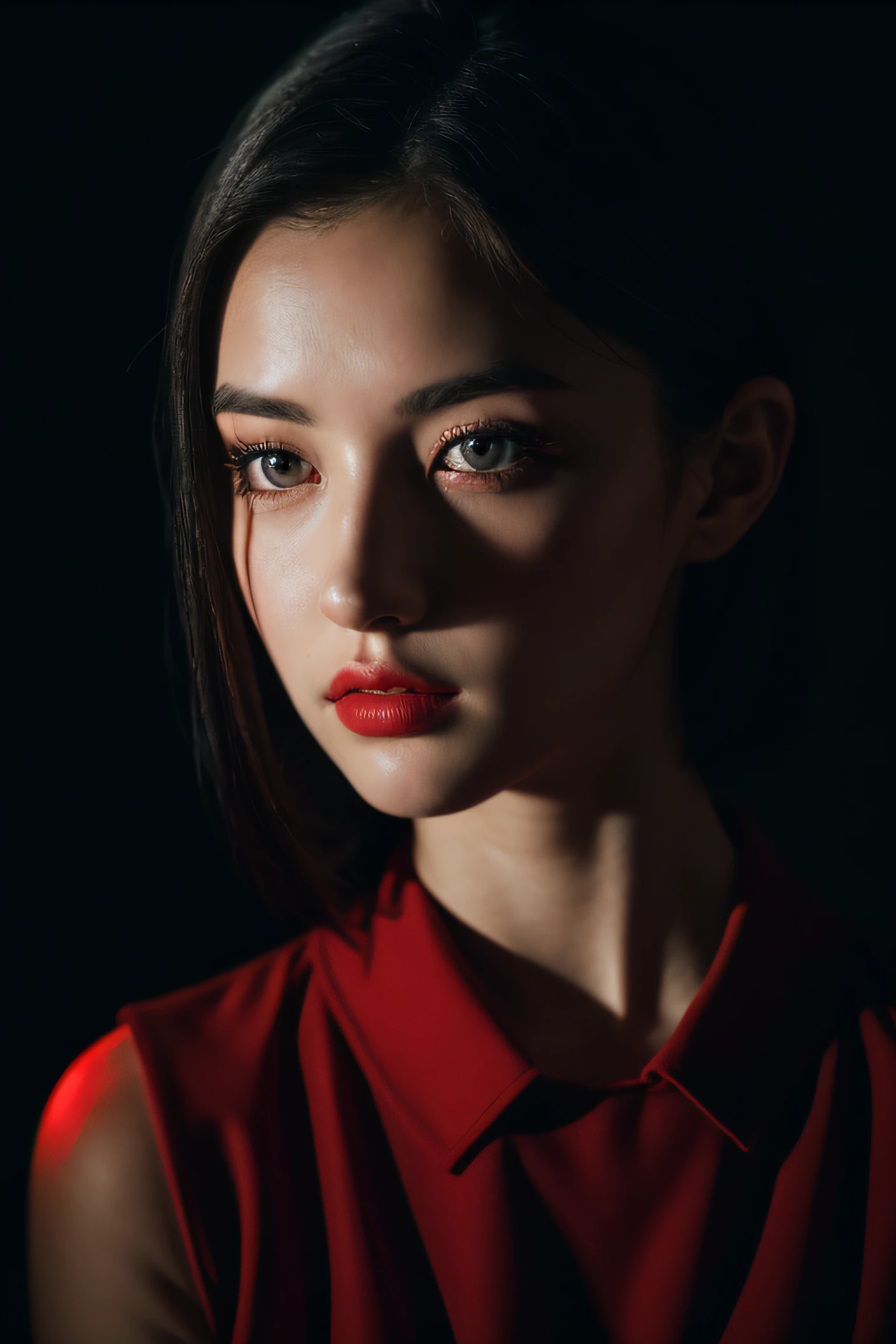 Portrait of ung 20yo woman, black hair, wearing red dress, perfect eyebrow, perfect lips, perfect nose, professional color graded, wonderful woman, dark background, cute russian woman, (rim lighting,:1.4) two tone lighting, sharp focus, unreal, dimly lit, low key