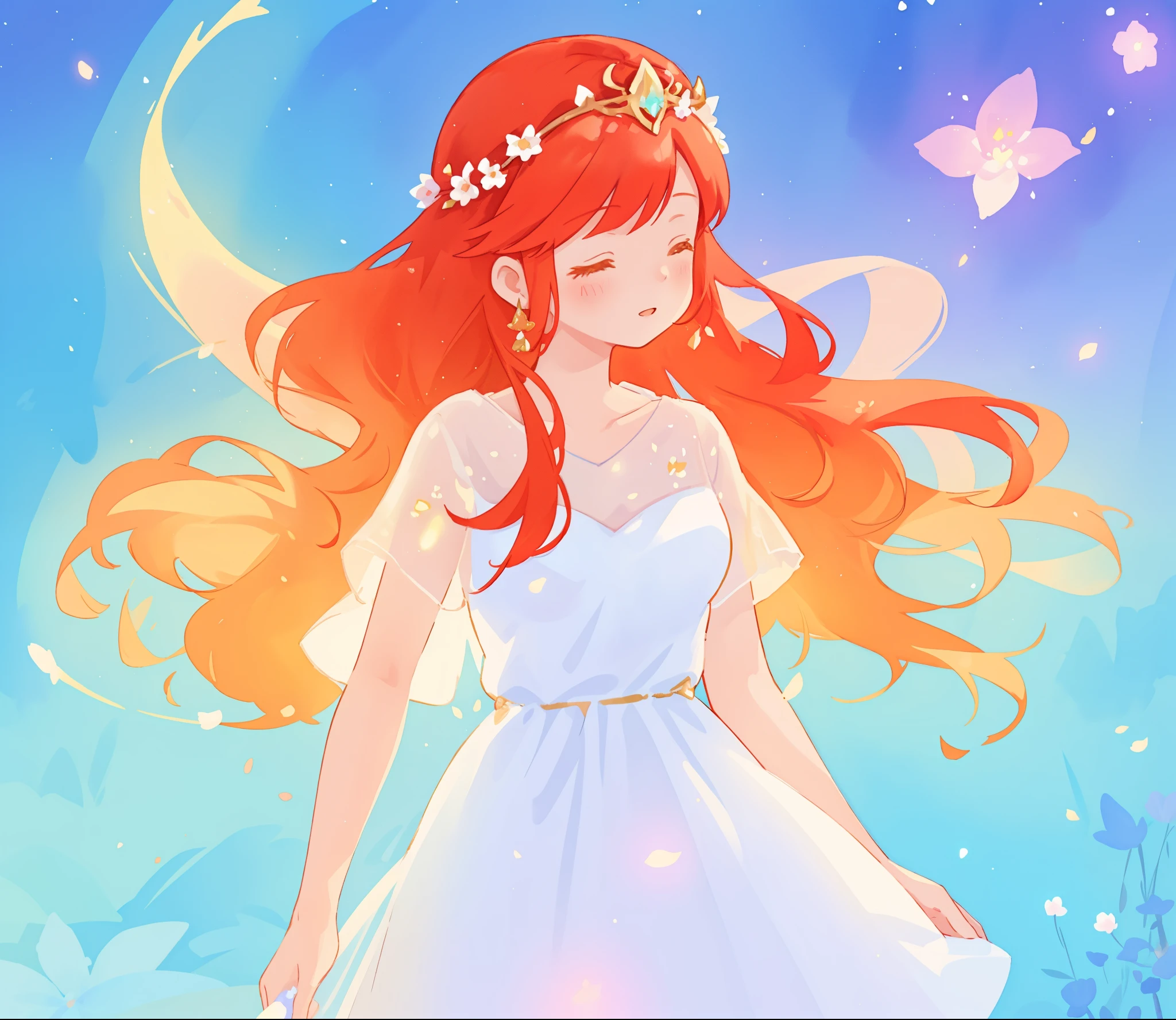 beautiful girl in sparkling white dress, glowing ballgown, long red gold hair, colorful fantasia background, delicate crown of white flowers on her head, watercolor illustration, glowing lights, beautiful digital illustration, fantasia otherworldly landscape plants flowers, beautiful, masterpiece, best quality
