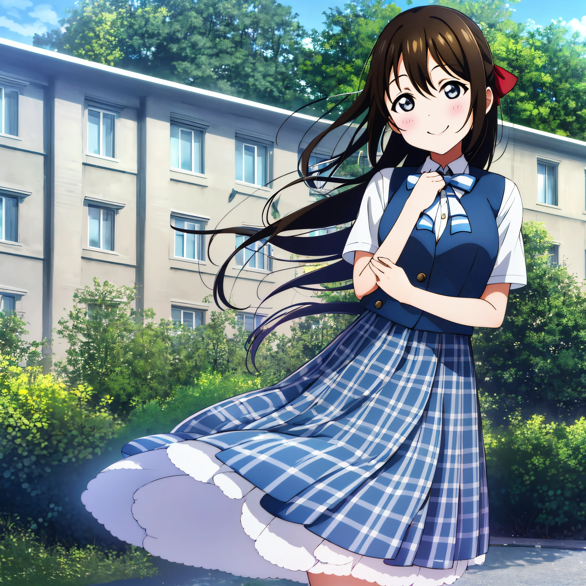 high quality, best quality, masterpiece, absurdres, shizuku osaka, uniform, 1girl, smile,  hair_bow, outdoors, wideshot, dawn, long_hair, blush