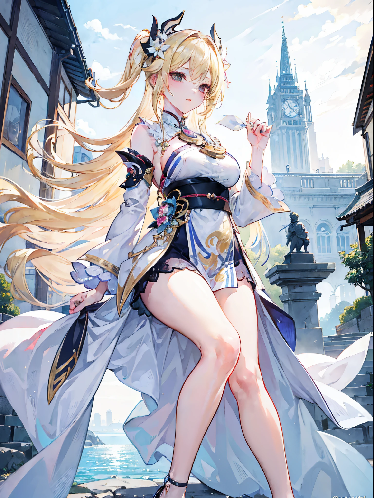 [Masterpiece], [Genshin Impact], [UHD 8K], [Ultra high resolution], [Detailed artwork], [Beautiful and Elegant], [Lumine: 1.1], smooth skin, oink lips, blonde hair, white clothes, statue of the seven, city of mondstadt, soothing wind