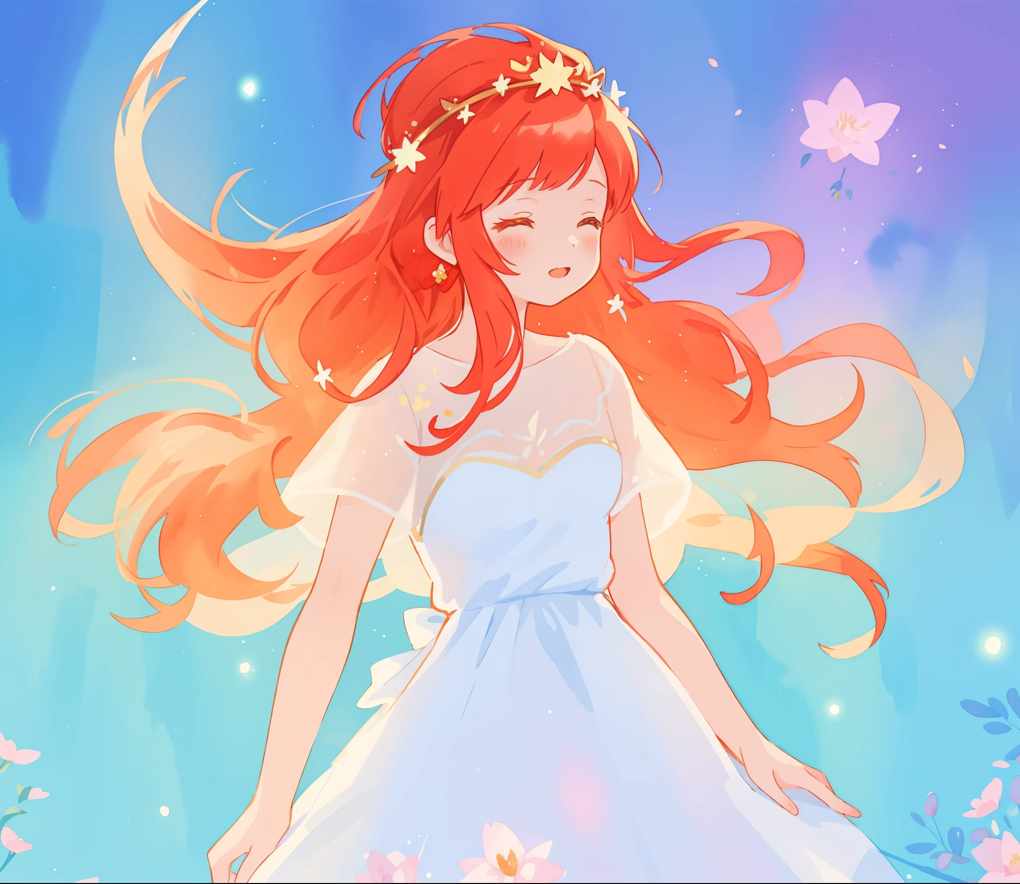 beautiful girl in sparkling white dress, glowing ballgown, long red gold hair, colorful fantasia background, delicate crown of white flowers on her head, watercolor illustration, glowing lights, beautiful digital illustration, fantasia otherworldly landscape plants flowers, beautiful, masterpiece, best quality