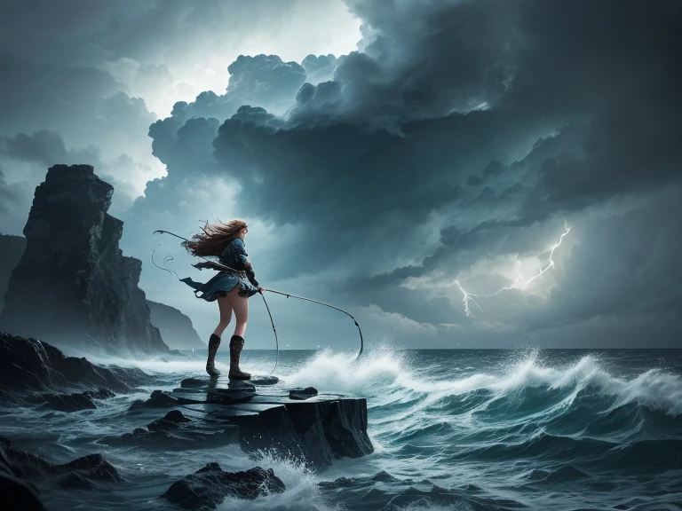 rough sea. Stormy weather at night. Thunderclouds. A fantastic image. Powerful. Detailed depiction. In front of her, standing firmly on the rocky ground, is a woman dressed like a fantasy warrior, swinging a fishing rod in the air with both hands, about to reel in a fish.