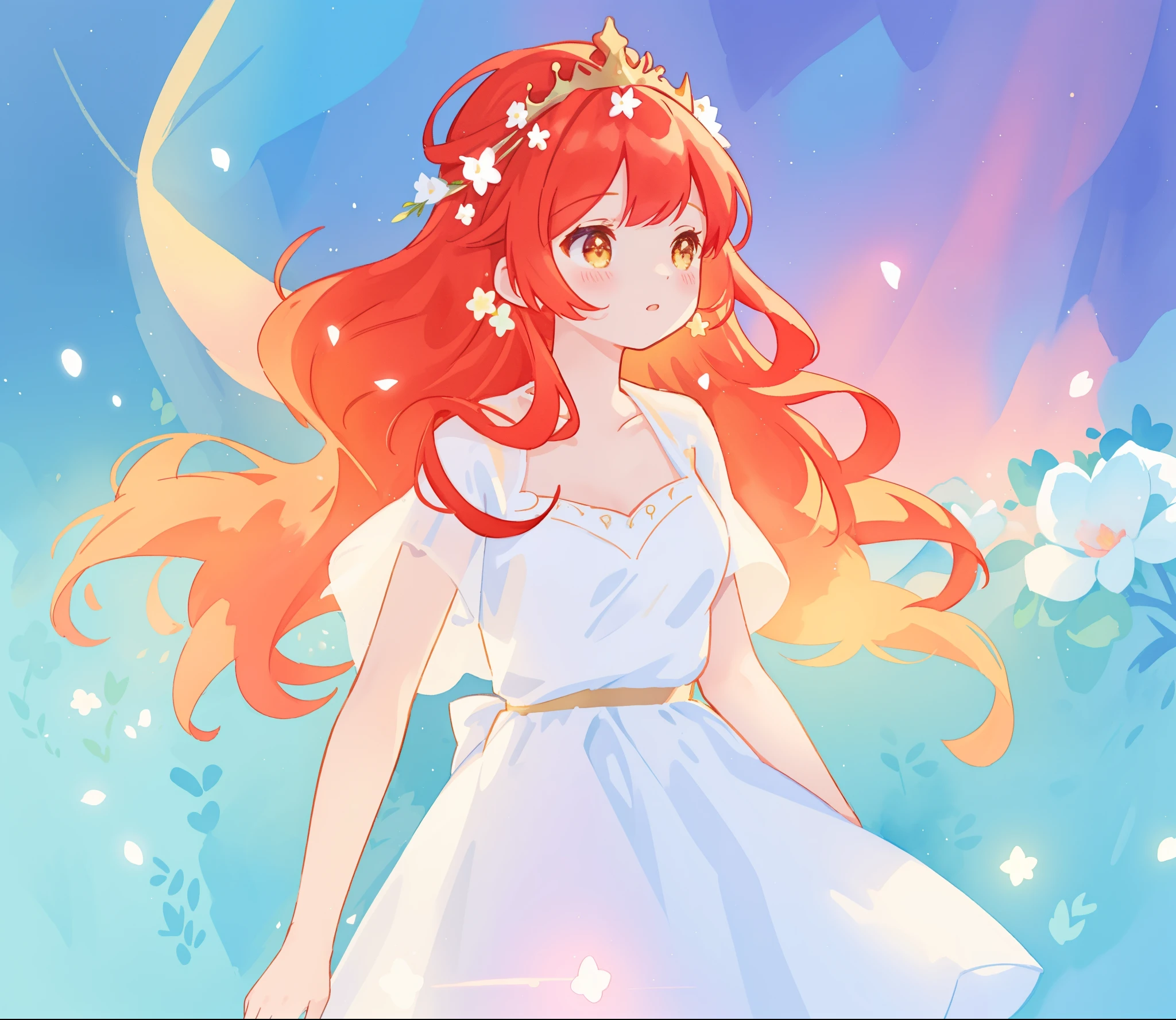 beautiful girl in sparkling white dress, glowing ballgown, long red gold hair, colorful fantasia background, delicate crown of white flowers on her head, watercolor illustration, glowing lights, beautiful digital illustration, fantasia otherworldly landscape plants flowers, beautiful, masterpiece, best quality