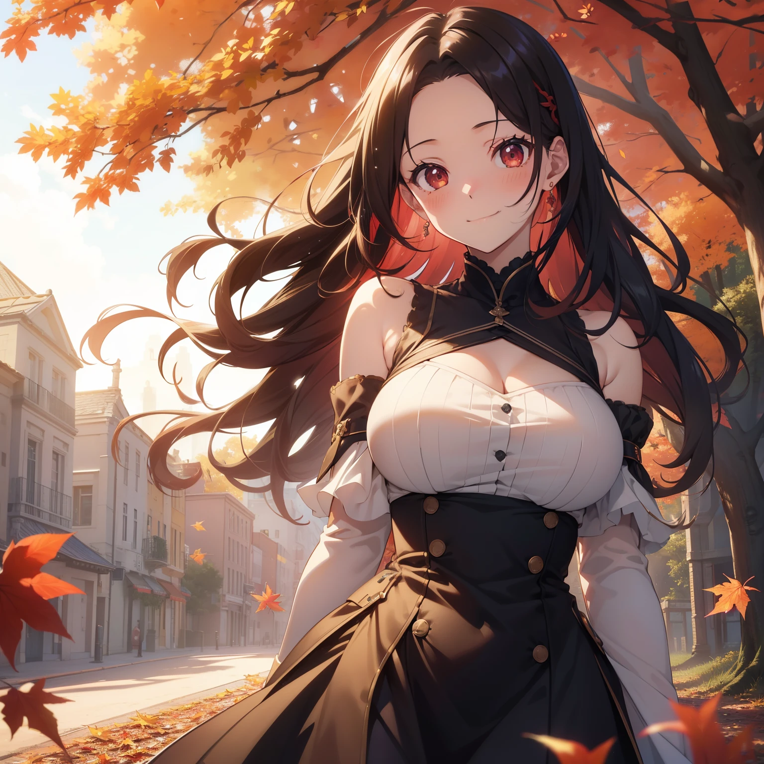 (masutepiece,Best Quality,8K),(extremely detailed CG1.1),teens girl,Smile,large boob,(From below:1.2),Intricate details , Hyper realistic, Perfect Anatomy,A dark-haired,Red Eyes,(((Forehead))),Permed hair with wavy hair,(((length hair))),Hair over one eye,hair slicked back,Full body,(((check dress))),blush,Happy smile,Forest with deepening autumn leaves,Colored leaves,Lens Flare,Wind,Magnificent view,(chromatic abberation:1.3),Dynamic Angle,Cowboy Shot,Looking at Viewer,cafes