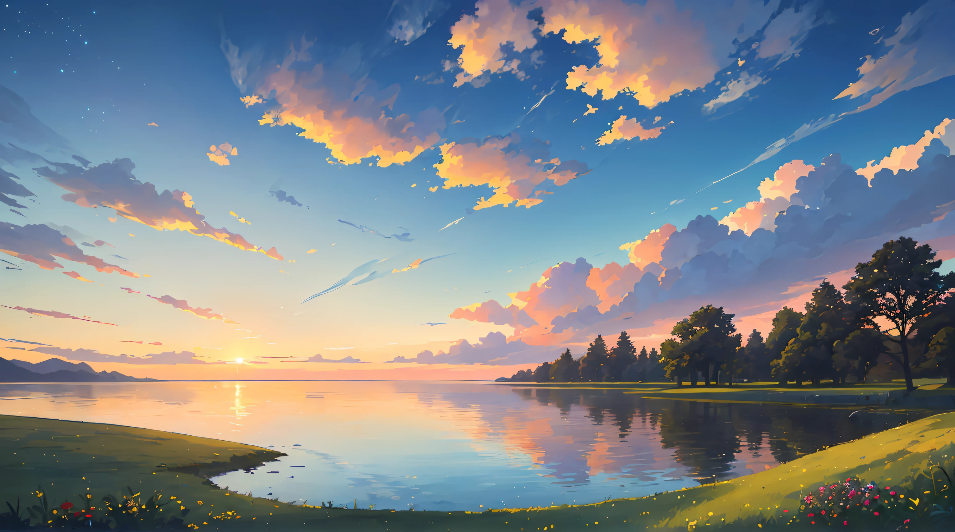the sunset, lake, meadows, Dazzling sun, blue-sky, As estrelas, large clouds, 4K, Amazing, Sharp, Complicated details, (A high resolution: 1.5), Saturated, plant flowers in water, More land, less water, tall grass, Detailed plants and trees
