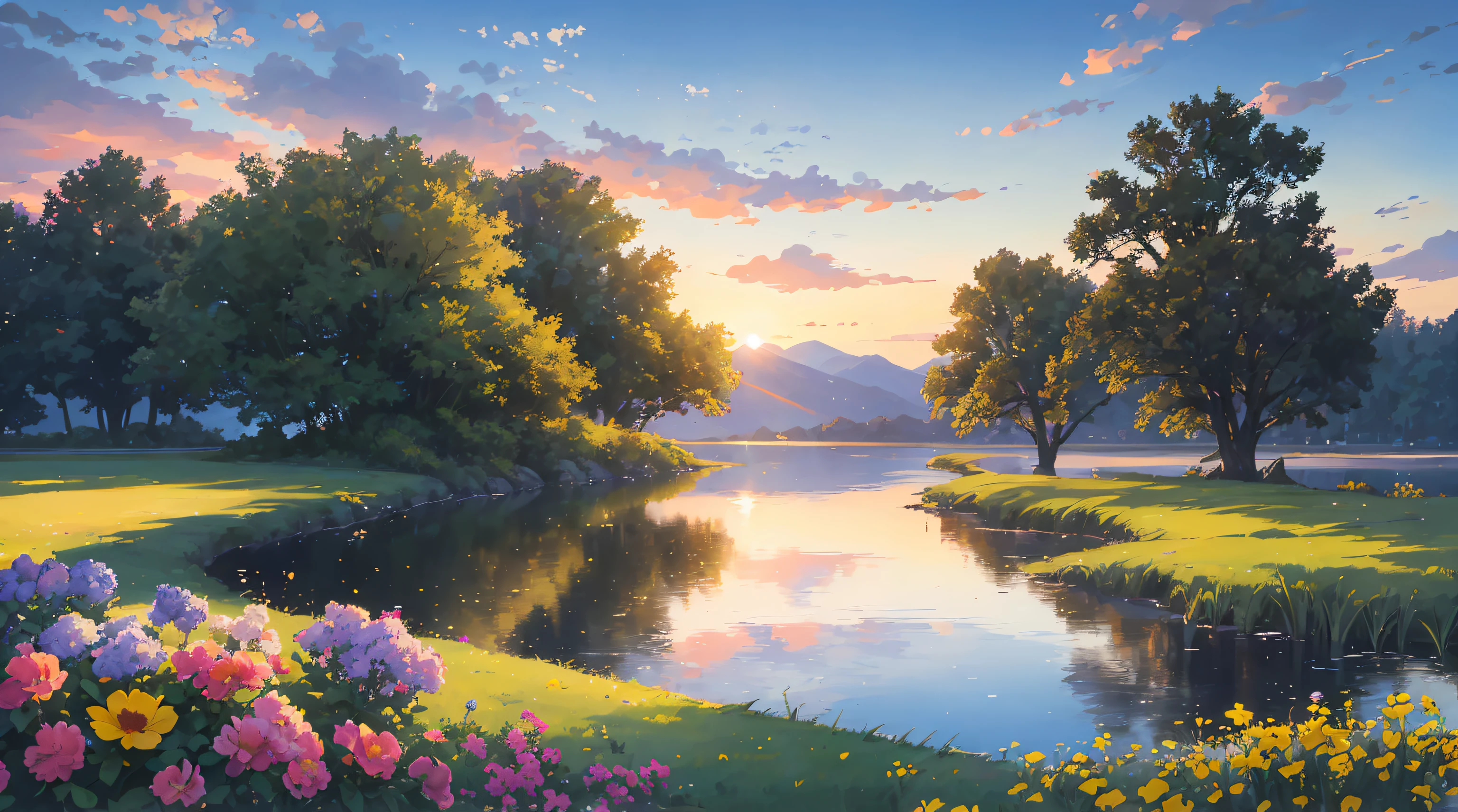 the sunset, lake, meadows, Dazzling sun, blue-sky, As estrelas, large clouds, 4K, Amazing, Sharp, Complicated details, (A high resolution: 1.5), Saturated, plant flowers in water, More land, less water, tall grass, Detailed plants and trees