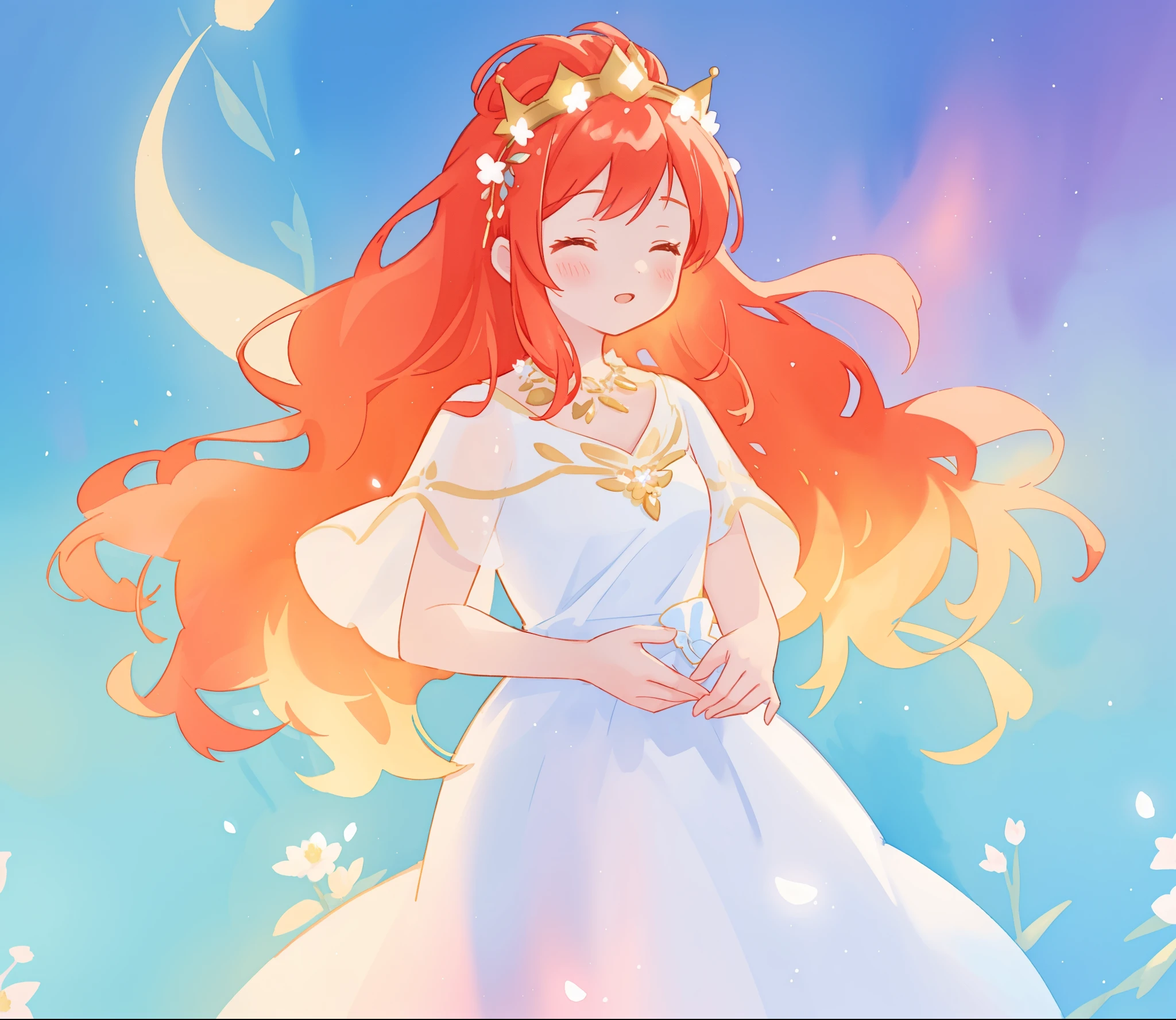 beautiful girl in sparkling white dress, glowing ballgown, long red gold hair, colorful fantasia background, delicate crown of white flowers on her head, watercolor illustration, glowing lights, beautiful digital illustration, fantasia otherworldly landscape plants flowers, beautiful, masterpiece, best quality