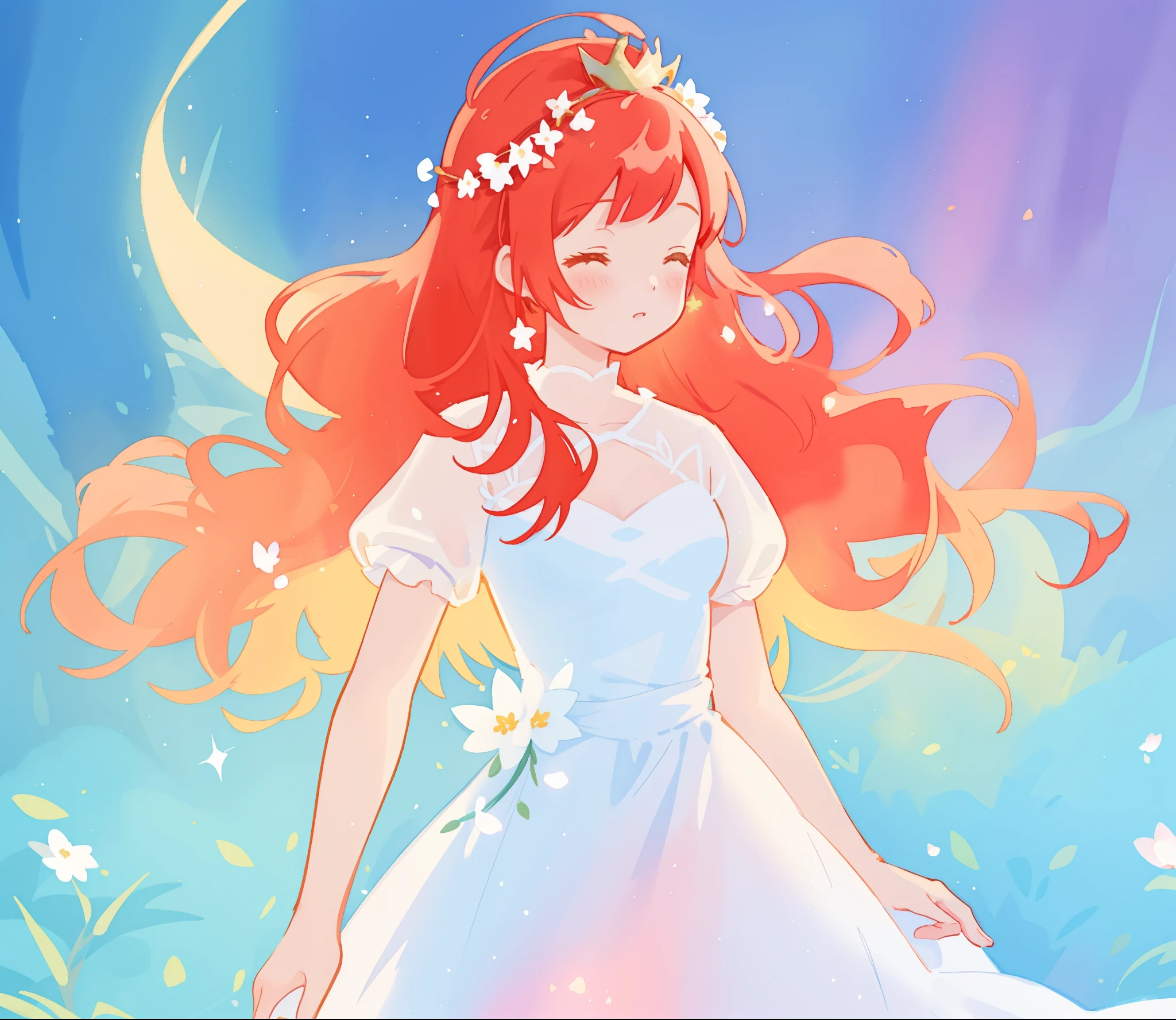beautiful girl in sparkling white dress, glowing ballgown, long red gold hair, colorful fantasia background, delicate crown of white flowers on her head, watercolor illustration, glowing lights, beautiful digital illustration, fantasia otherworldly landscape plants flowers, beautiful, masterpiece, best quality