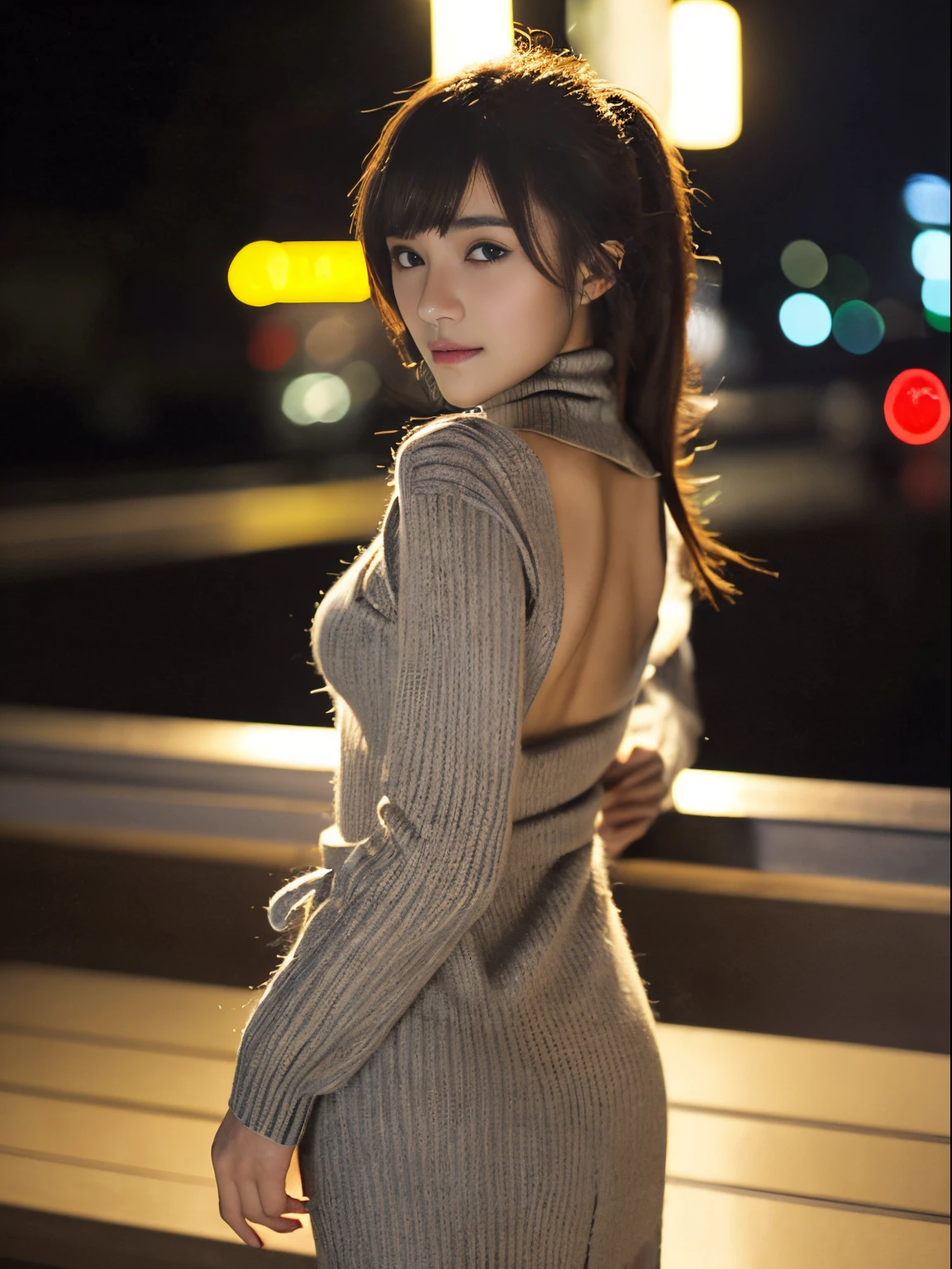 (top-quality、8K、masterpiece:1.2), (Japan beautiful girl、cute little:1.6)、(18year old、Amazing beauty、the golden ratio:1.5)、 (Very fine eye definition, Symmetrical eyes:1.3), (Brown eyes, Parted bangs, Shining brown long hair:1.2)、(Stunning proportions、Perfect body without contradiction、Perfect limbs without contradiction:1.7)、(shinny skin、natural make up:1.2)、(Beautiful large breast:1.6)、(Constricted waist、abdominals:1.5)、(Gray knitwear、Short Apron Dress、turtle neck、The chest and back are boldly open....:1.7)、(high-heels:1.5)、(Stick out your hips、Exposed chest、Exposed back、sexypose:1.7)、(Looking at the camera:1.3)、outside of house、(Downtown alleys at night when no one is around:1.2)、the wind、optic、blurry backround