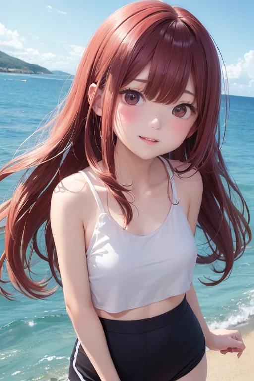 (masutepiece、8K、An ultra-high picture quality、ultra-quality、high detal、realisitic、realphoto、Photorealsitic、超A high resolution)Detailed cute girl、18year old、((You're looking at me with your chest sticking out in the sea on the shore)))、White tight-fitting tank top、Sheer underwear、half-pants、Facial Focus、red blush、Smooth taste、looking at the viewers、Silky hair、hair wavy、Chest that looks like the tank top is about to burst、Perfect and constricted body、dishevled hair、Random posture、、red blush、Ecstatic look、Perfect and cute face、detailed and bright eyes、Full body composition、NSFW