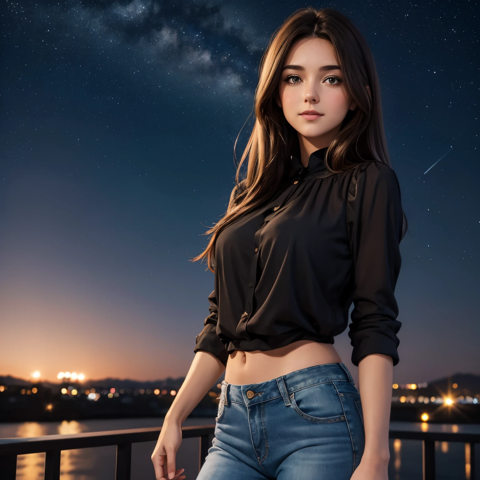 melissa sue anderson, 18 years old, denim jacket, pleated skirt, bun hairstyle, at night, big moon near, hiding hands, lake behind, shooting star