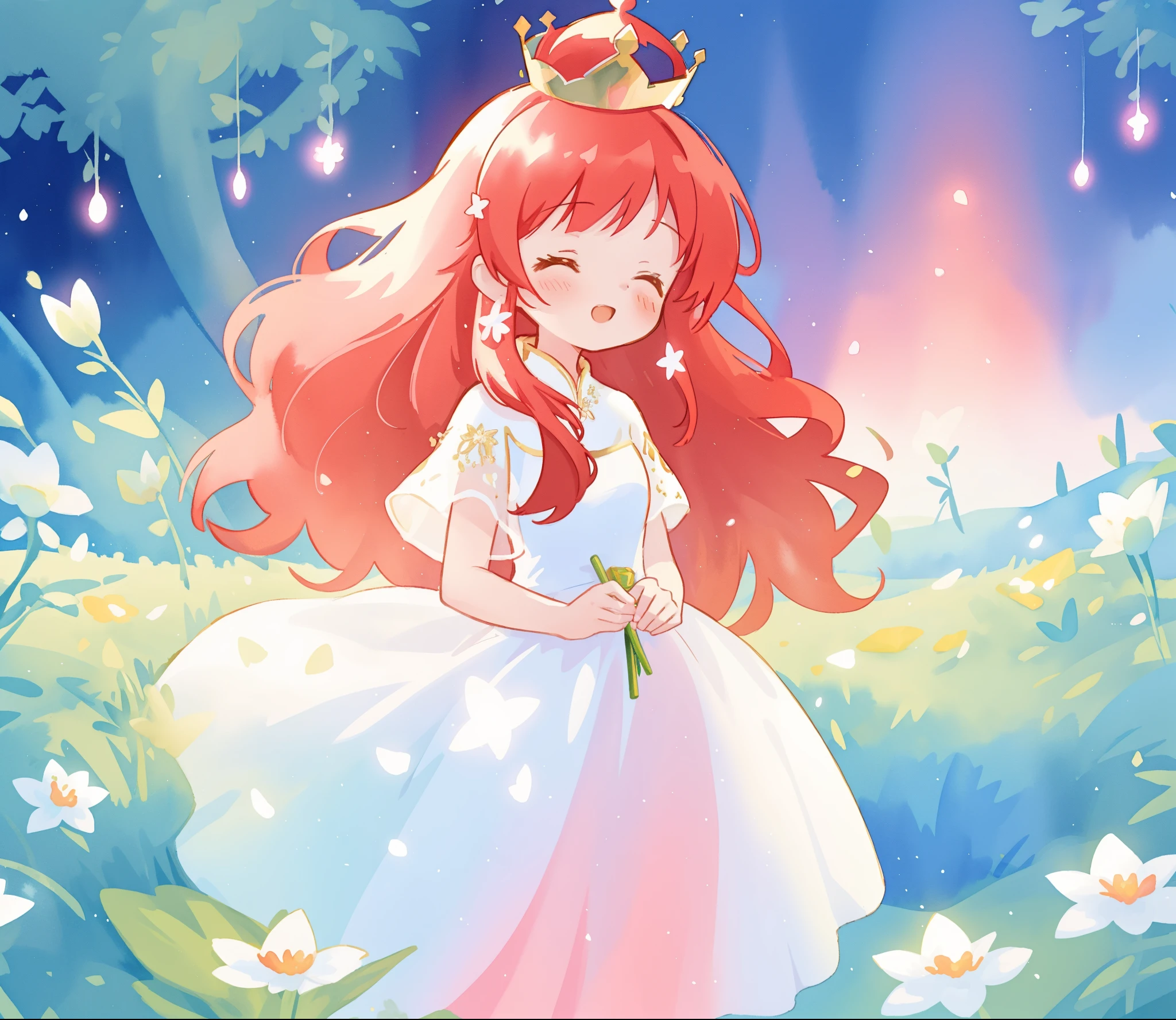 beautiful girl in sparkling white dress, glowing ballgown, long red gold hair, colorful fantasia background, delicate crown of white flowers on her head, watercolor illustration, glowing lights, beautiful digital illustration, fantasia otherworldly landscape plants flowers, beautiful, masterpiece, best quality