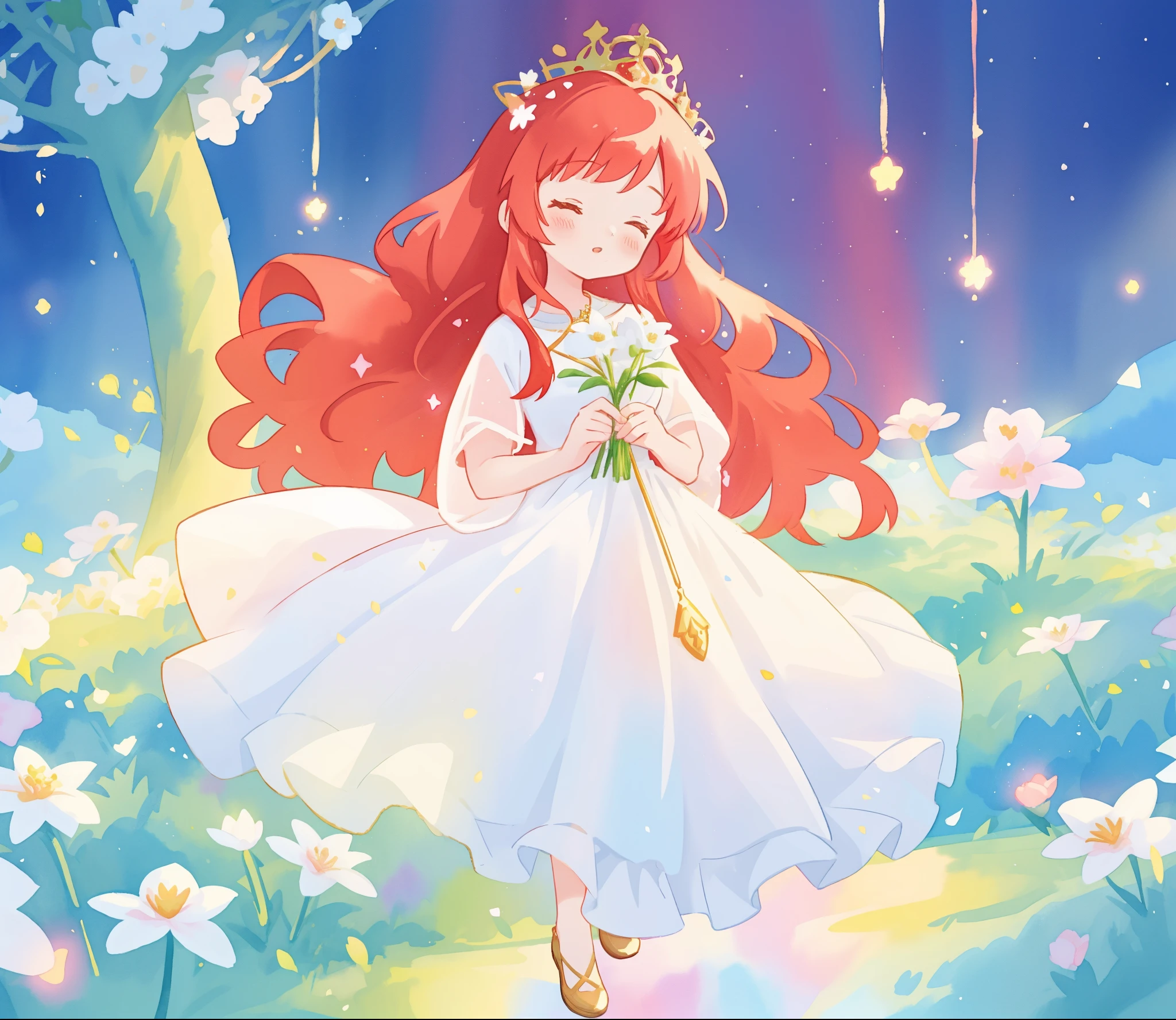 beautiful girl in sparkling white dress, glowing ballgown, long red gold hair, colorful fantasia background, delicate crown of white flowers on her head, watercolor illustration, glowing lights, beautiful digital illustration, fantasia otherworldly landscape plants flowers, beautiful, masterpiece, best quality