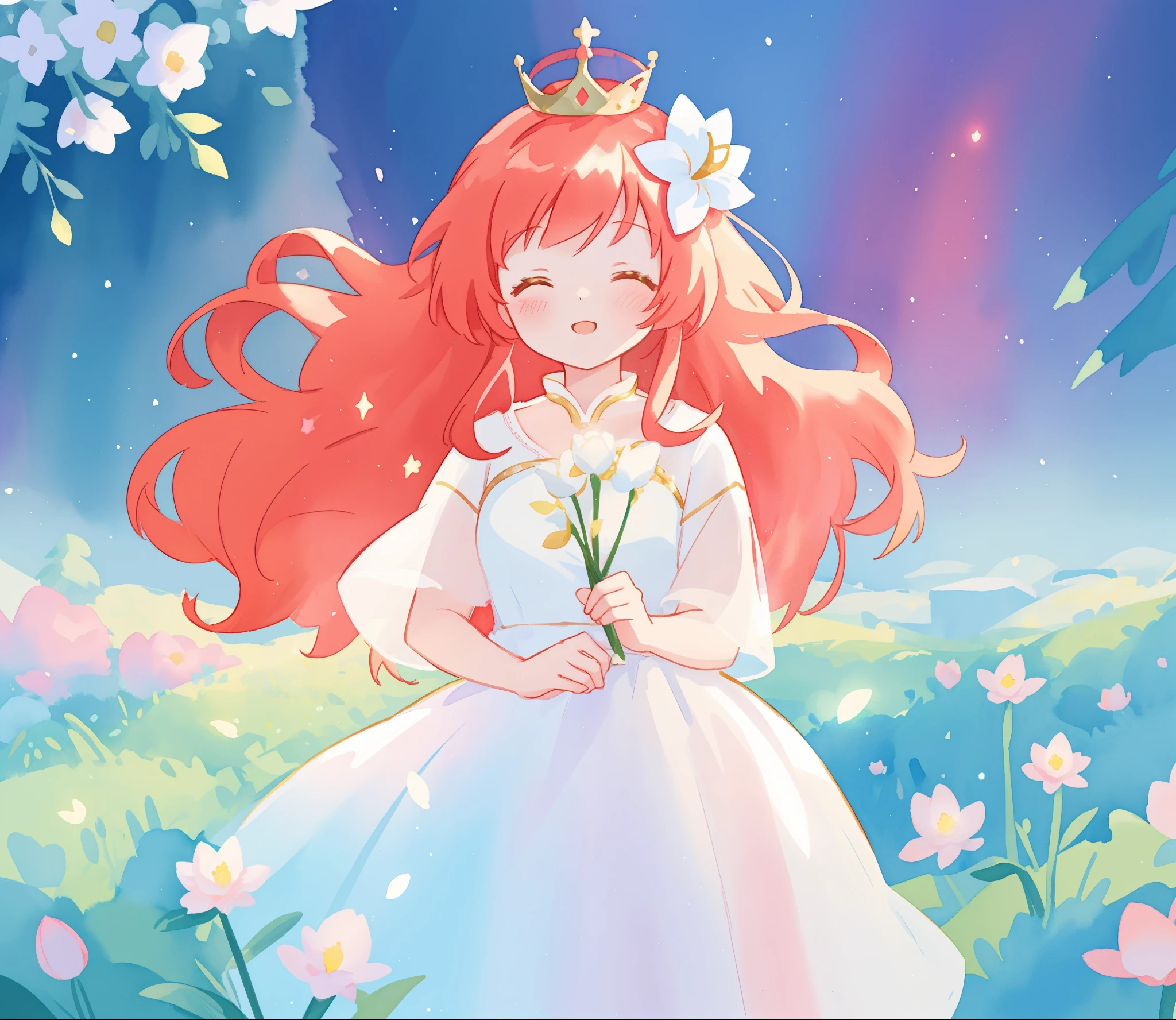 Anime girl in a white dress holding a flower in a field - SeaArt AI