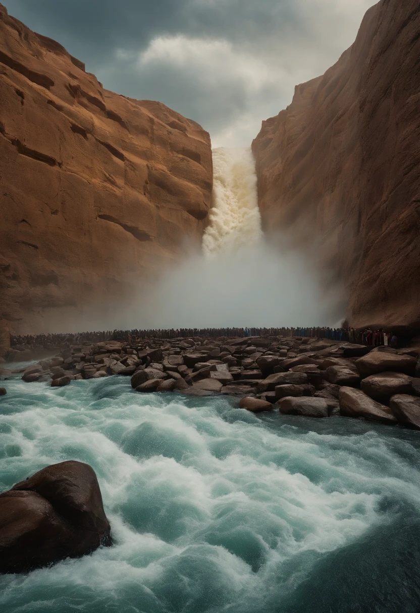 Moses' Exodus and600,000 people々and a huge wall of water on both sides and a large crowd passing between the water walls