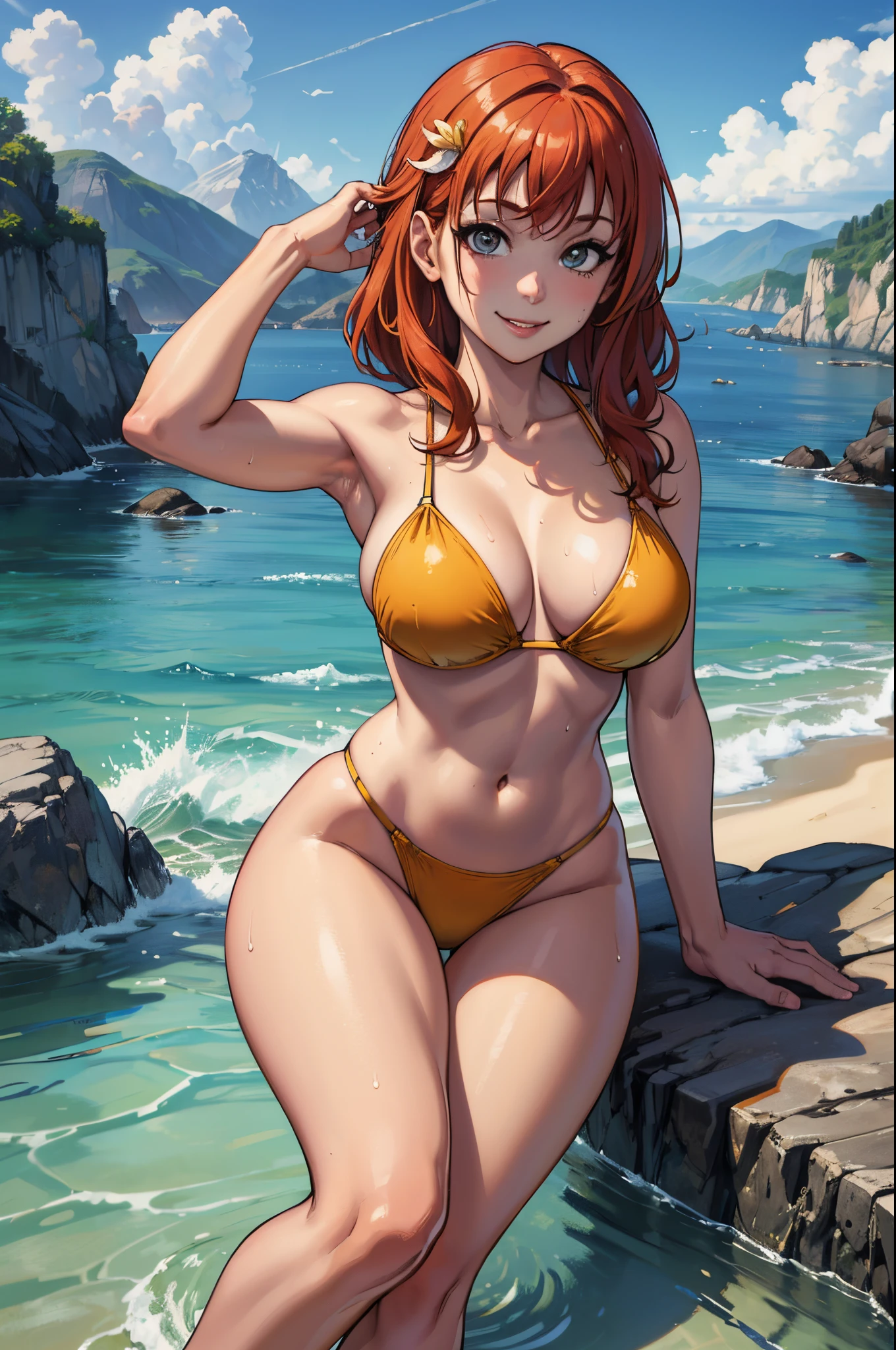 (best quality,4k,8k,highres,masterpiece:1.2), ultra-detailed, on knees, sitting, curvy,takami chika, bikini,  slightly excited and smile, thighs, cowboy shot, hair ornament, random pose,sea in background,wet