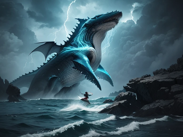 A raging sea. A stormy night. Lightning clouds. A fantastical image. A powerful impact. A detailed description. A huge monster that looks like a whale or a dragon rises from the water, splashing dozens of meters away from the surface. More than half of its body is visible. On a rocky shore, a woman dressed like a fantasy warrior stands firmly, holding a single fishing rod with both hands, trying to reel it in.