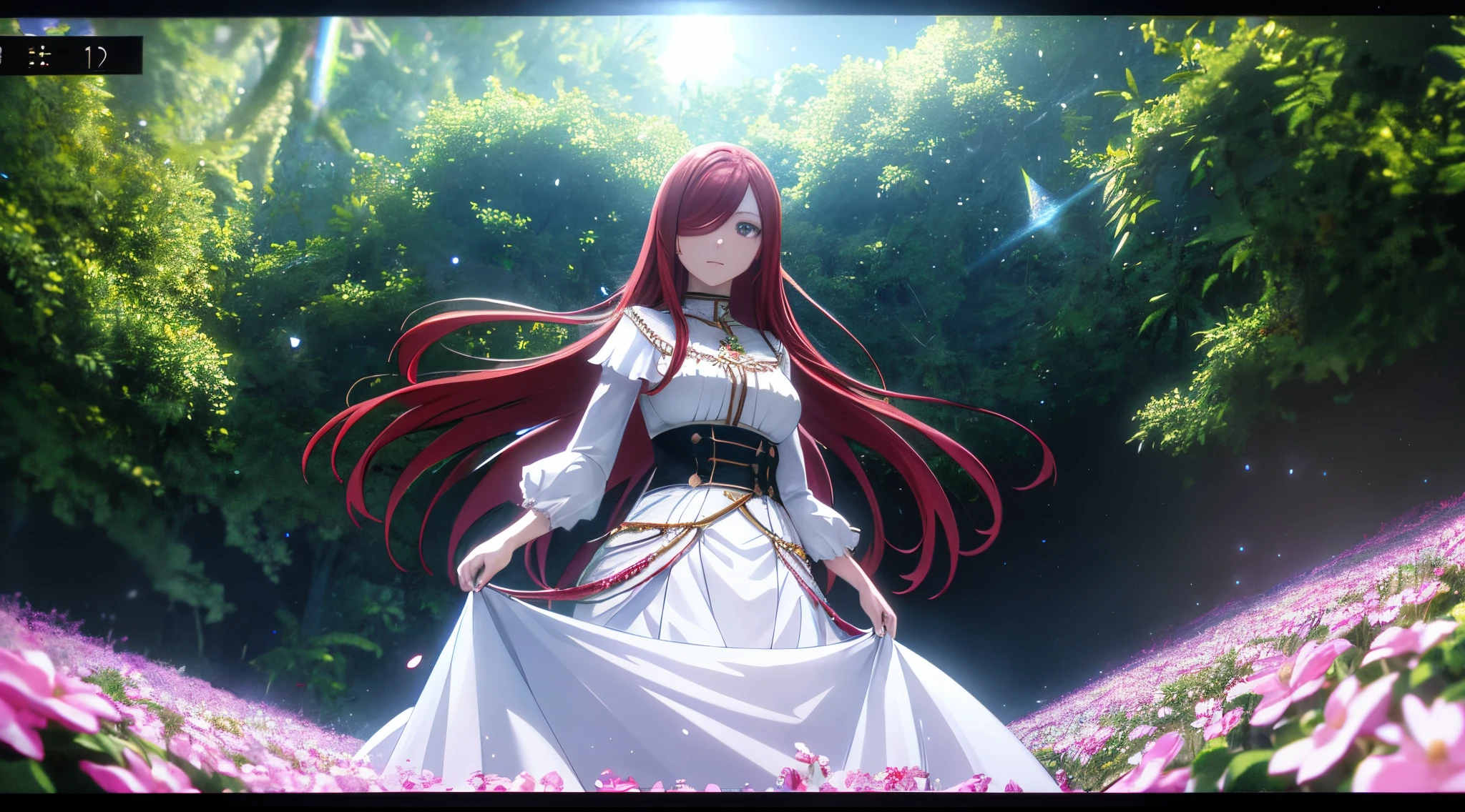 erza, 1girl, solo, long_hair, medium breasts,brown_eyes,red_hair,hair over one eye, standing, looking at viewer, white saint cloth, beads on neck, long skirt,jungle flowers field river,anime style,deep depth of field,wide angle view,Lumen Reflections,Screen Space Reflections,Diffraction Grading,Chromatic Aberration,GB Displacement,Scan Lines,Ray Traced,Anti-Aliasing,FXAA,TXAA,RTX,SSAO,Shaders,OpenGL-Shaders,GLSL-Shaders,Post Processing,Post-Production,cell Shading,Tone Mapping,CGI,VFX,SFX,insanely detailed and intricate, 4K